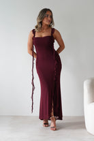SASHA Wedding Guest Dresses Mhissa Ruffle Maxi Dress | Burgundy