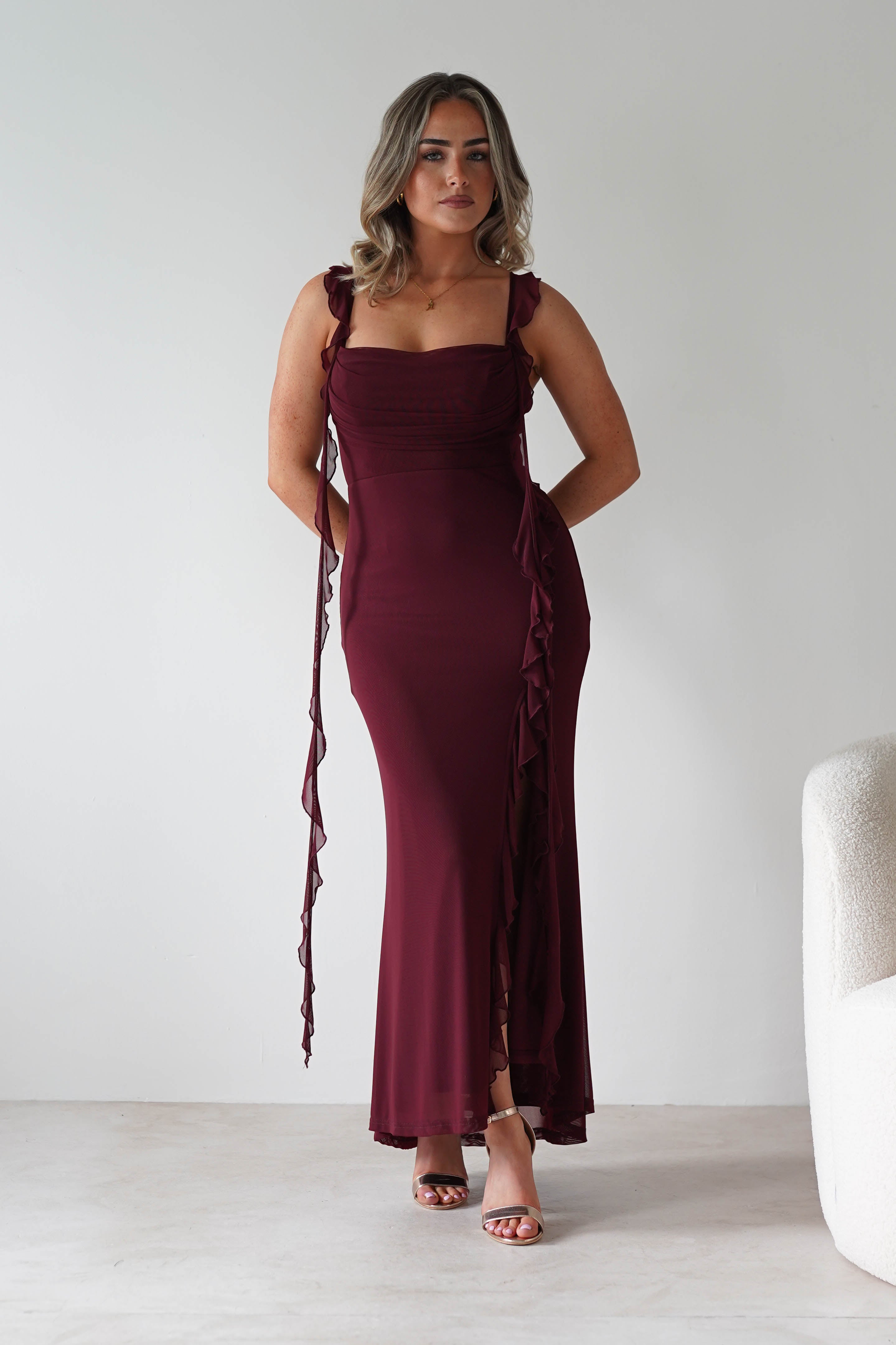 SASHA Wedding Guest Dresses Mhissa Ruffle Maxi Dress | Burgundy