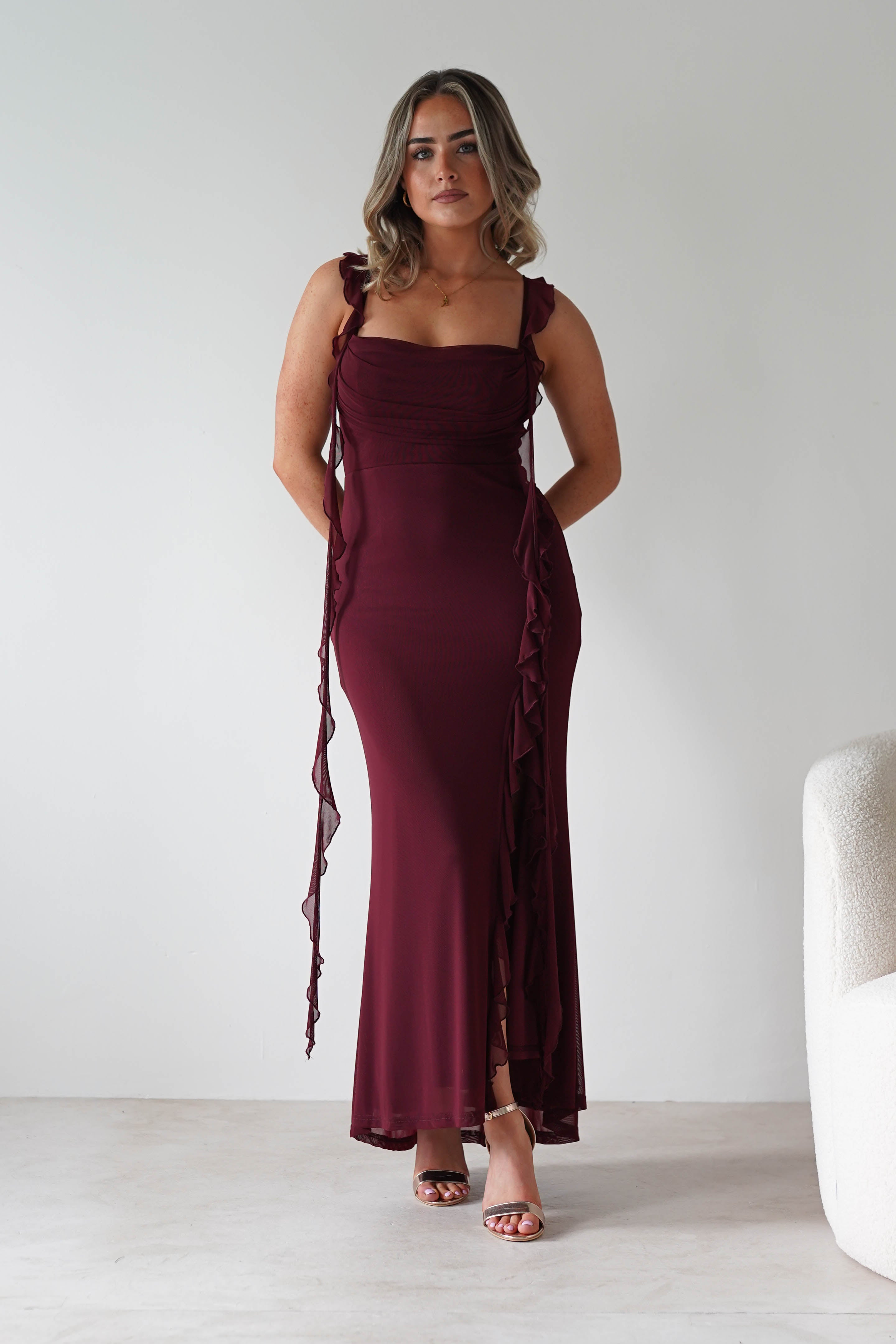 SASHA Wedding Guest Dresses Mhissa Ruffle Maxi Dress | Burgundy