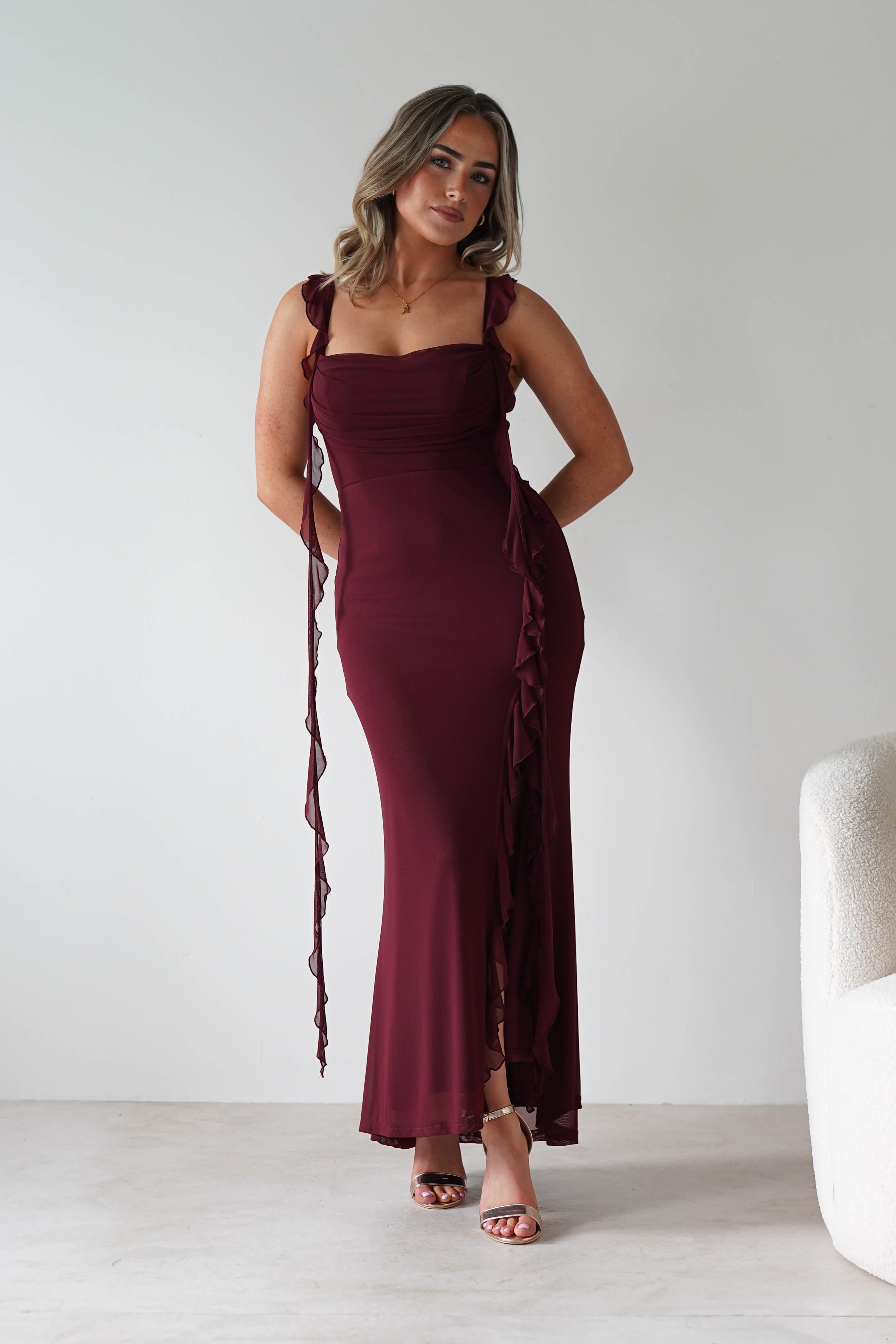 SASHA Wedding Guest Dresses Mhissa Ruffle Maxi Dress | Burgundy