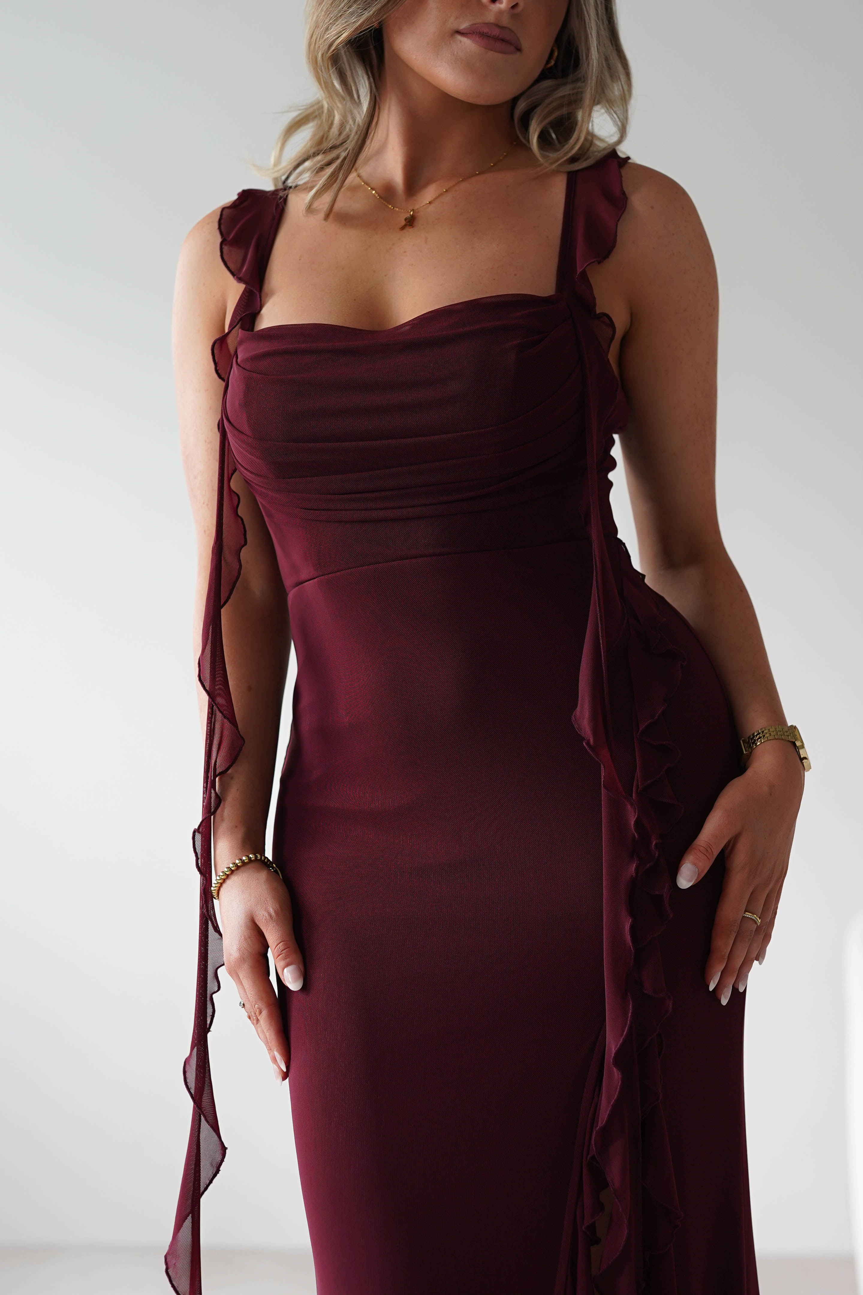 SASHA Wedding Guest Dresses Mhissa Ruffle Maxi Dress | Burgundy