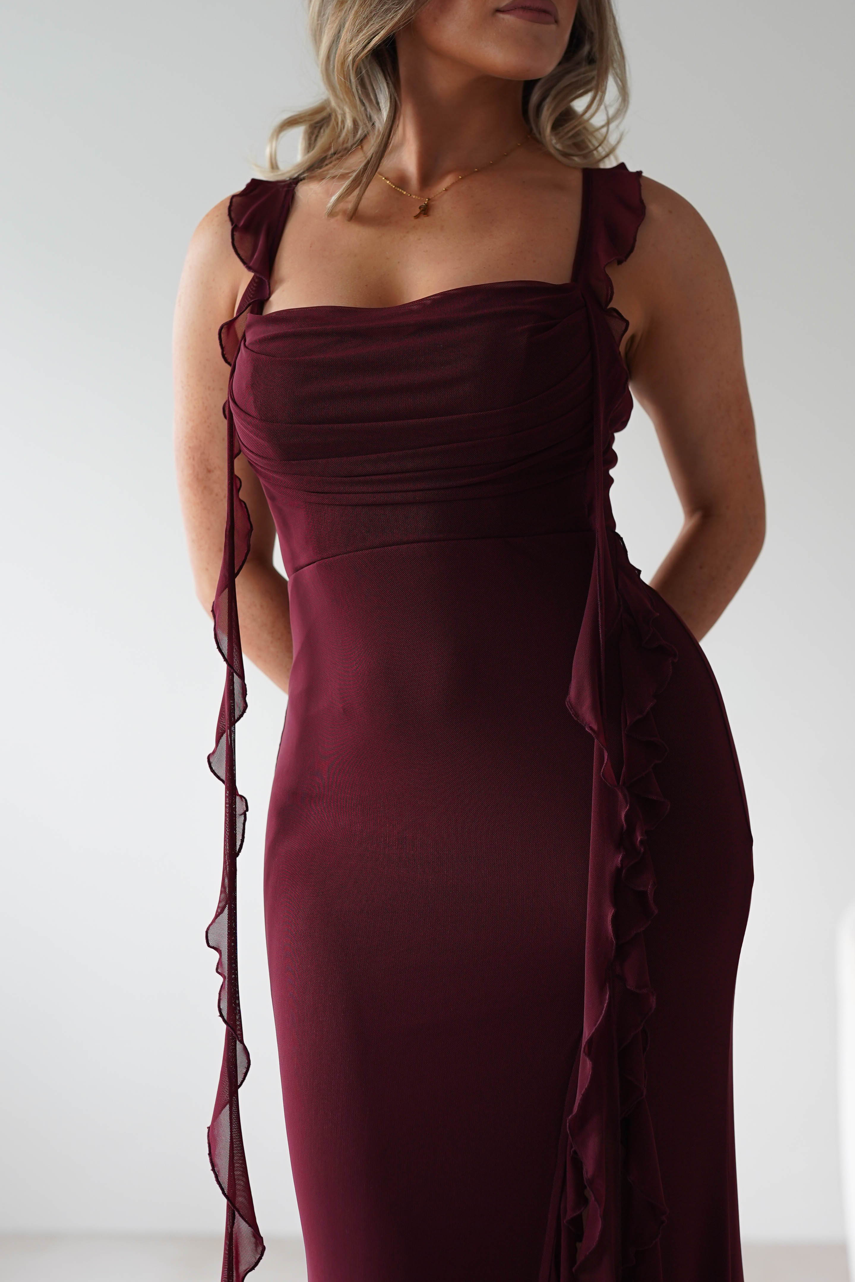 SASHA Wedding Guest Dresses Mhissa Ruffle Maxi Dress | Burgundy