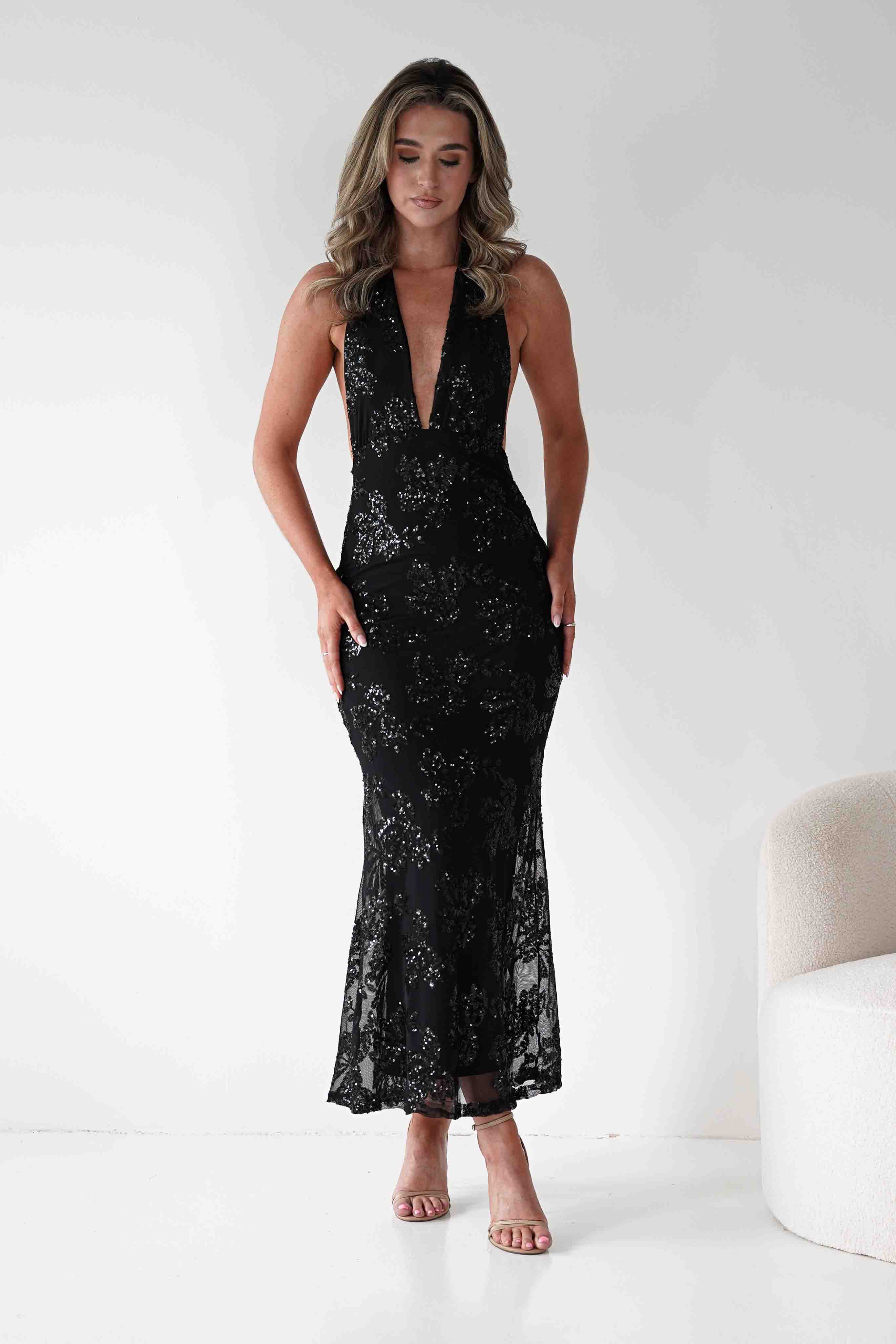 ERICKH Michaela Halterneck Sequin Maxi Dress | Black