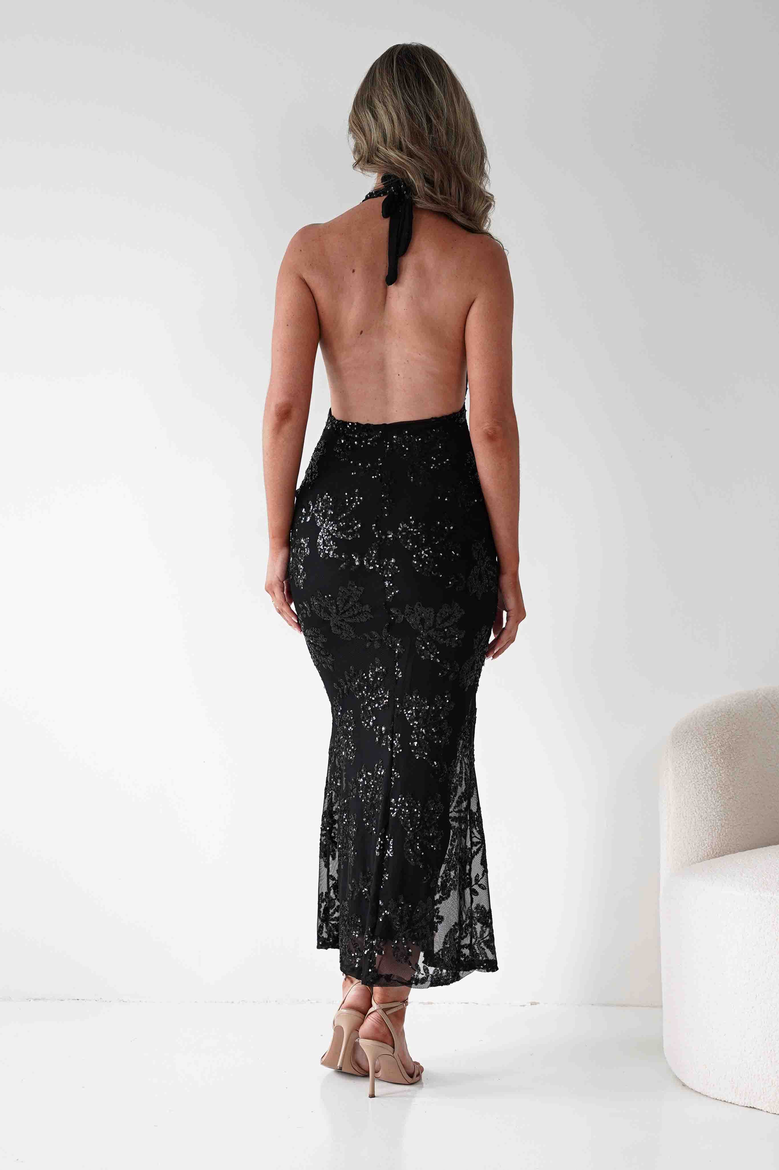 ERICKH Michaela Halterneck Sequin Maxi Dress | Black