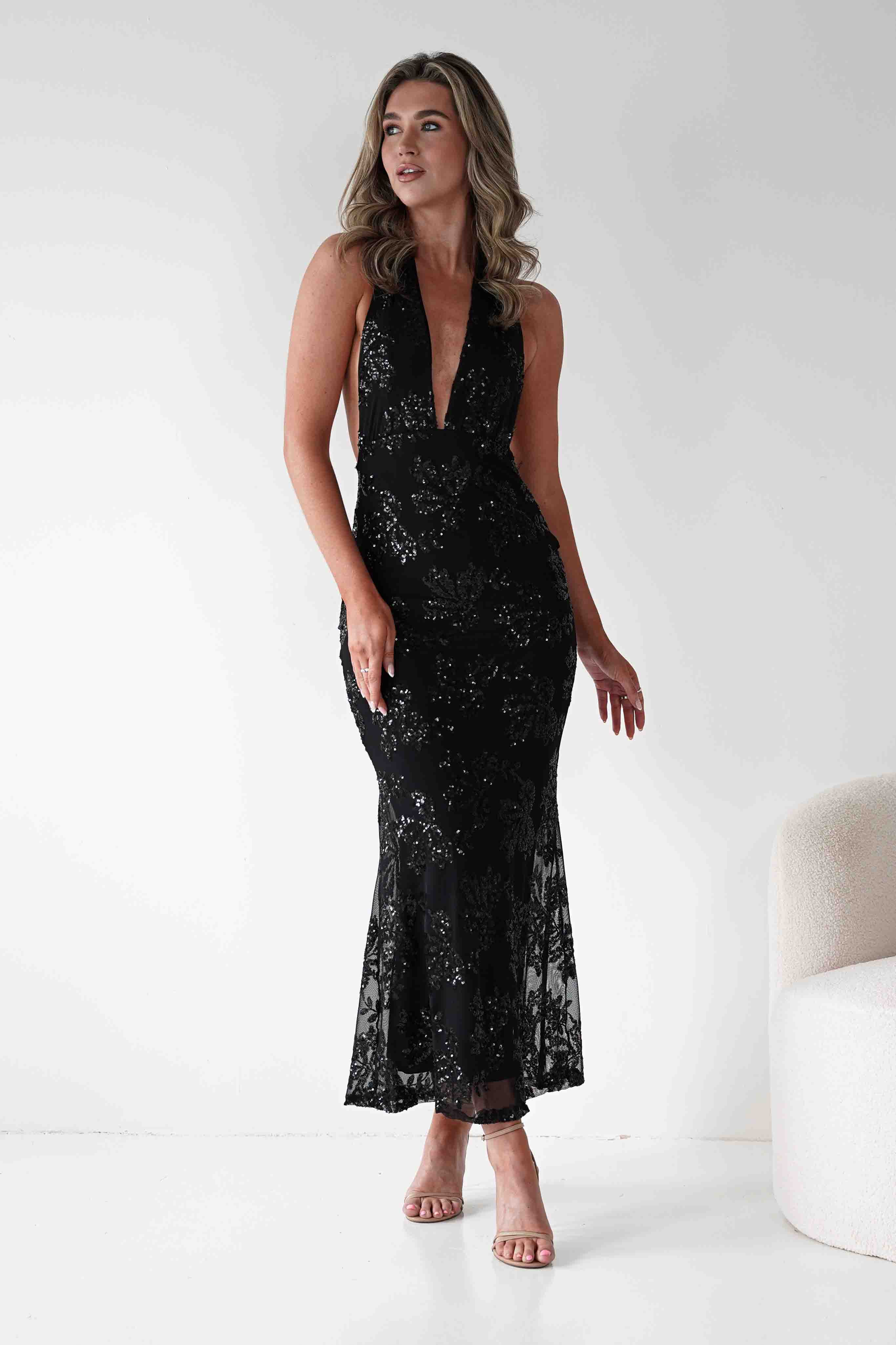 ERICKH Michaela Halterneck Sequin Maxi Dress | Black