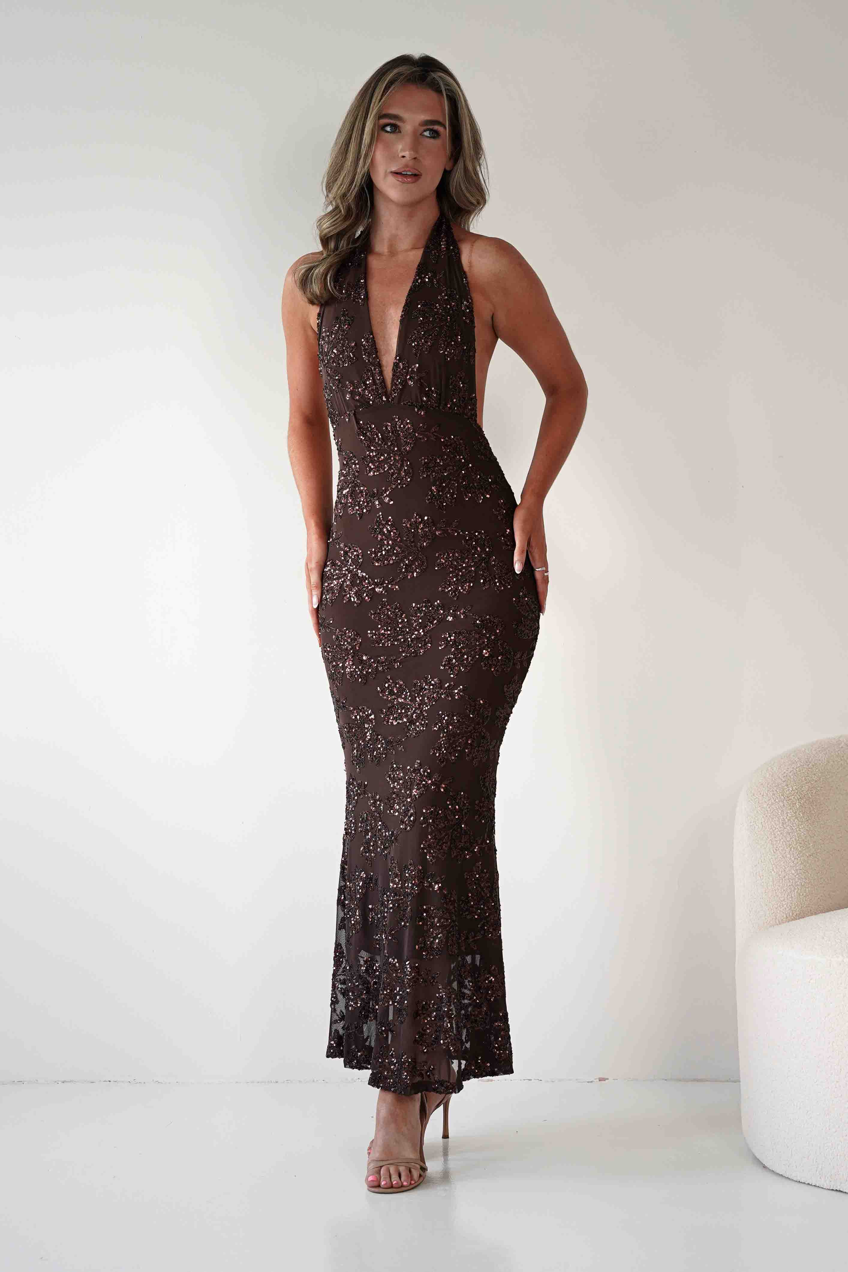 ERICKH Michaela Halterneck Sequin Maxi Dress | Brown