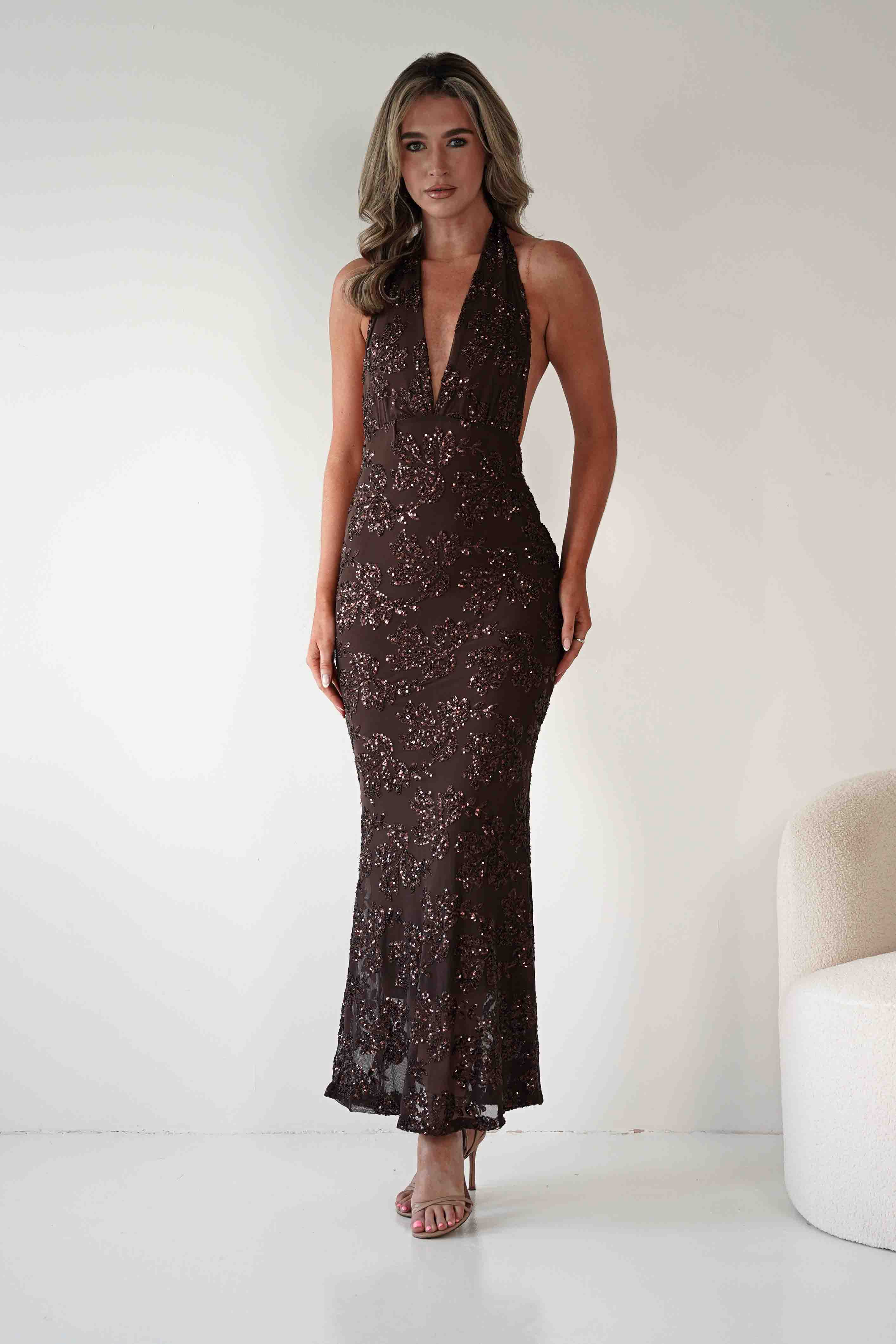 ERICKH Michaela Halterneck Sequin Maxi Dress | Brown