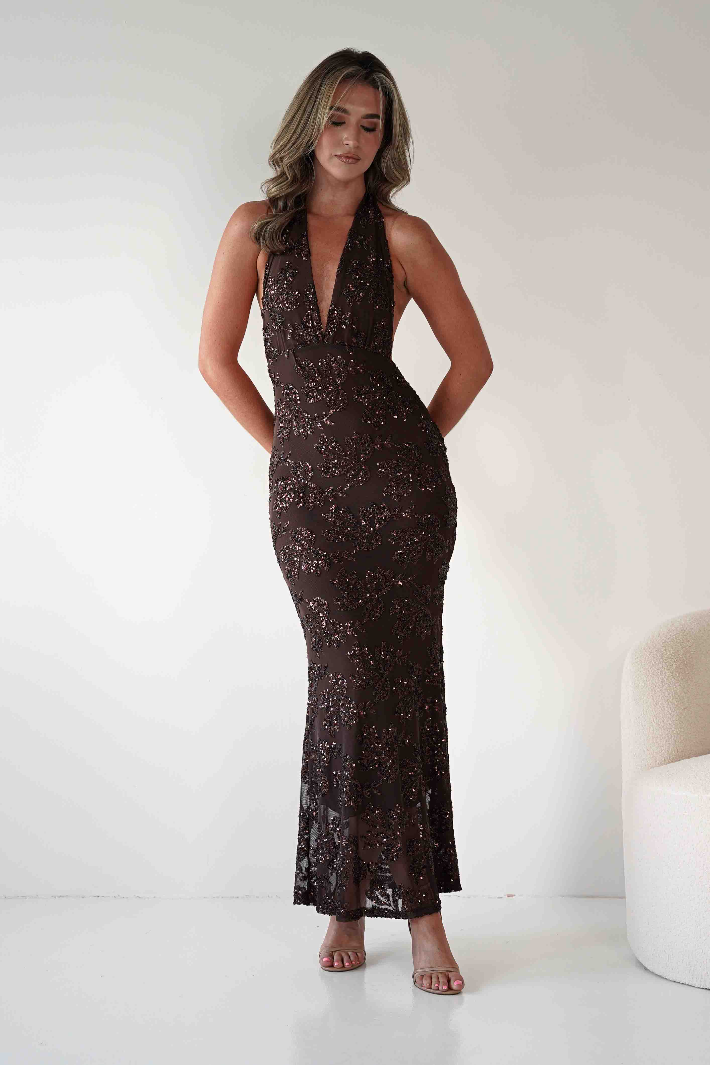 ERICKH Michaela Halterneck Sequin Maxi Dress | Brown