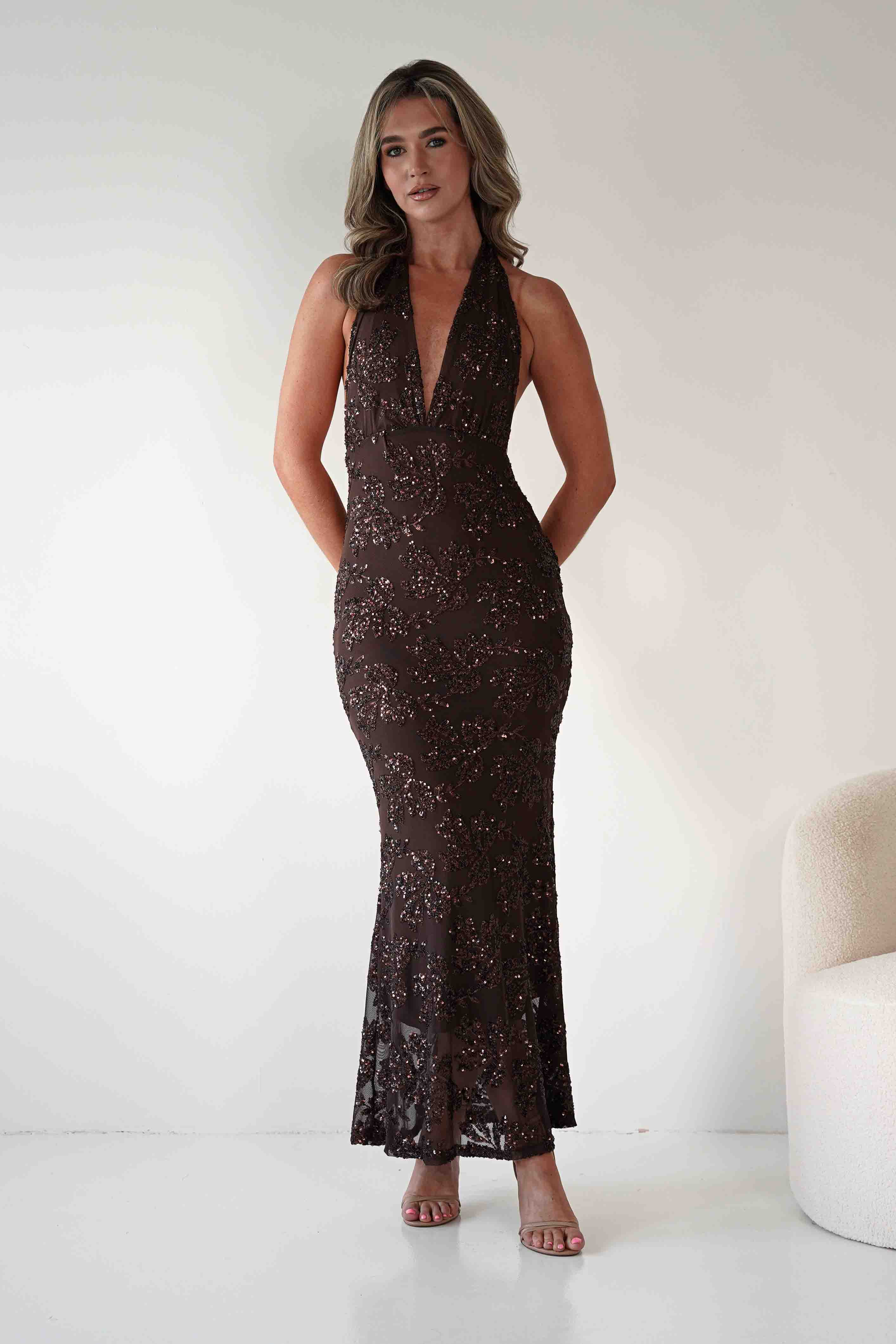 ERICKH Michaela Halterneck Sequin Maxi Dress | Brown