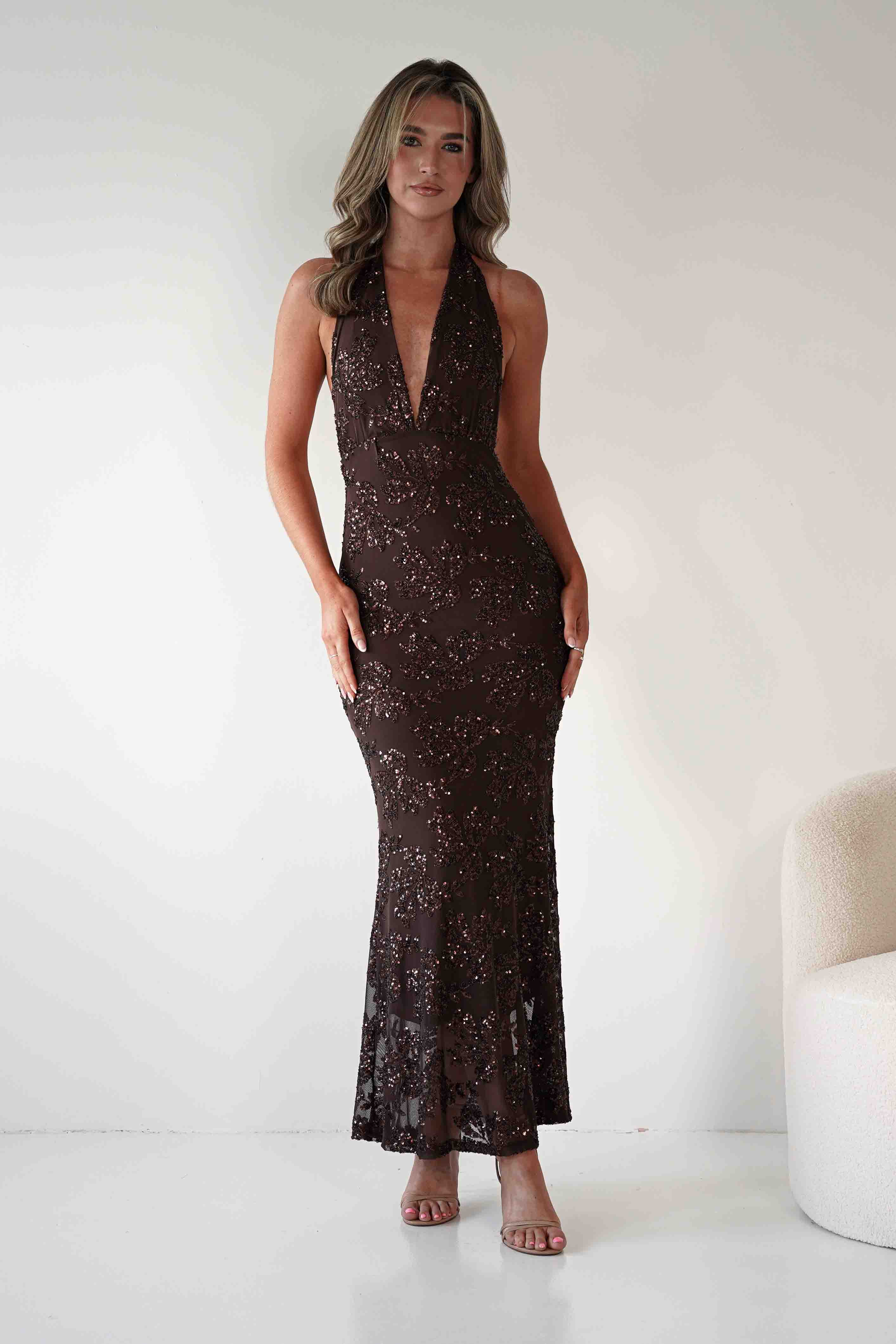 ERICKH Michaela Halterneck Sequin Maxi Dress | Brown
