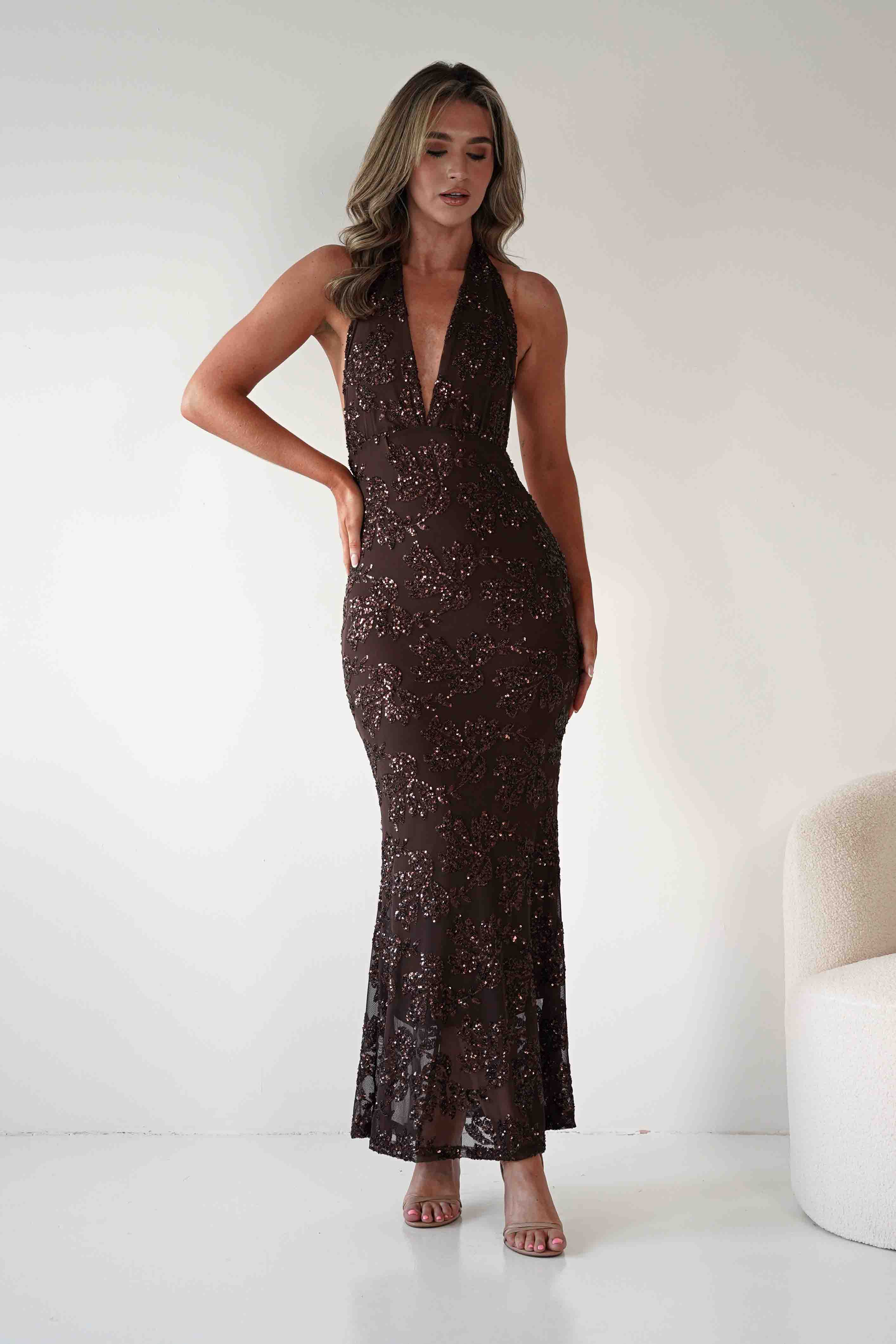 ERICKH Michaela Halterneck Sequin Maxi Dress | Brown