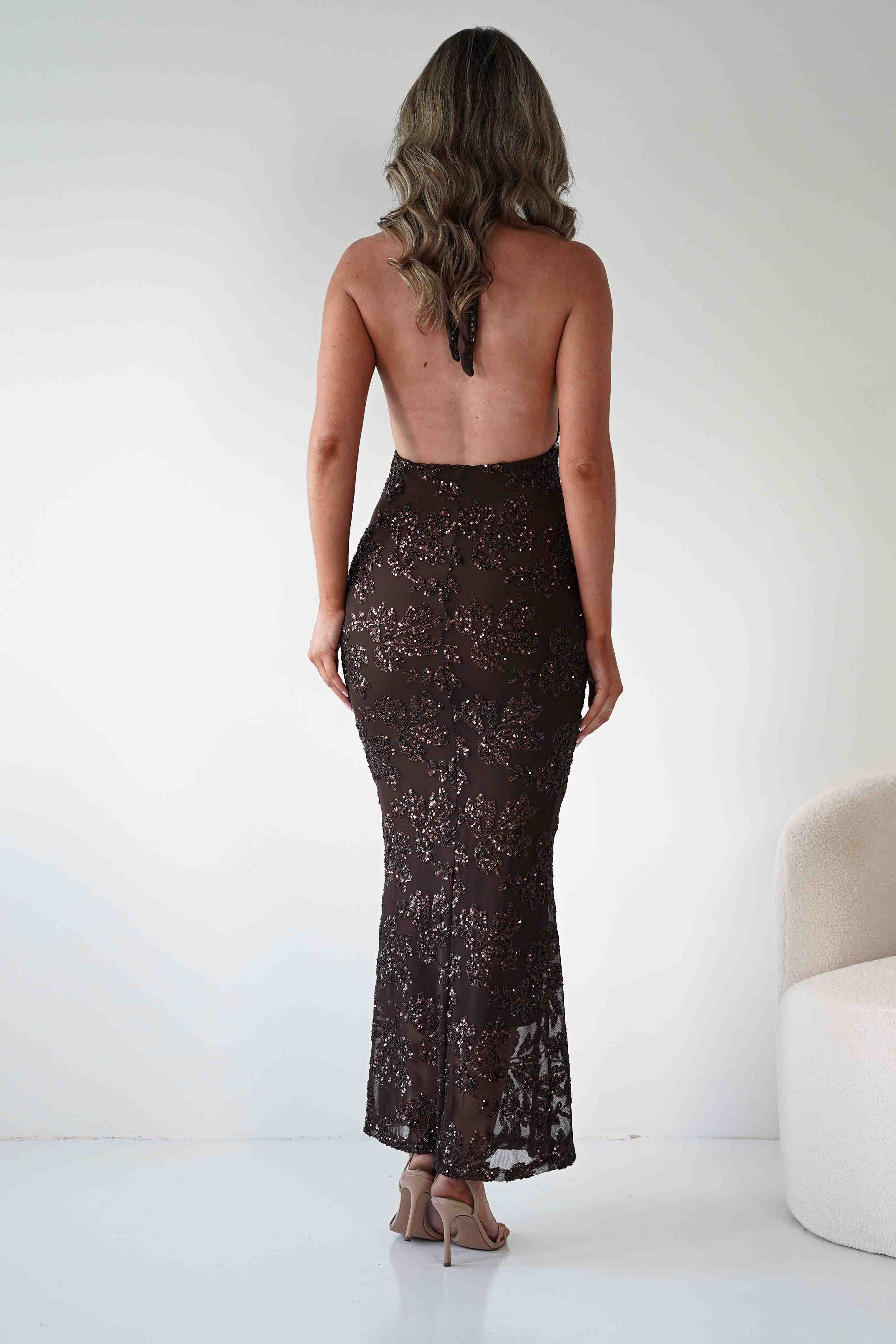 ERICKH Michaela Halterneck Sequin Maxi Dress | Brown