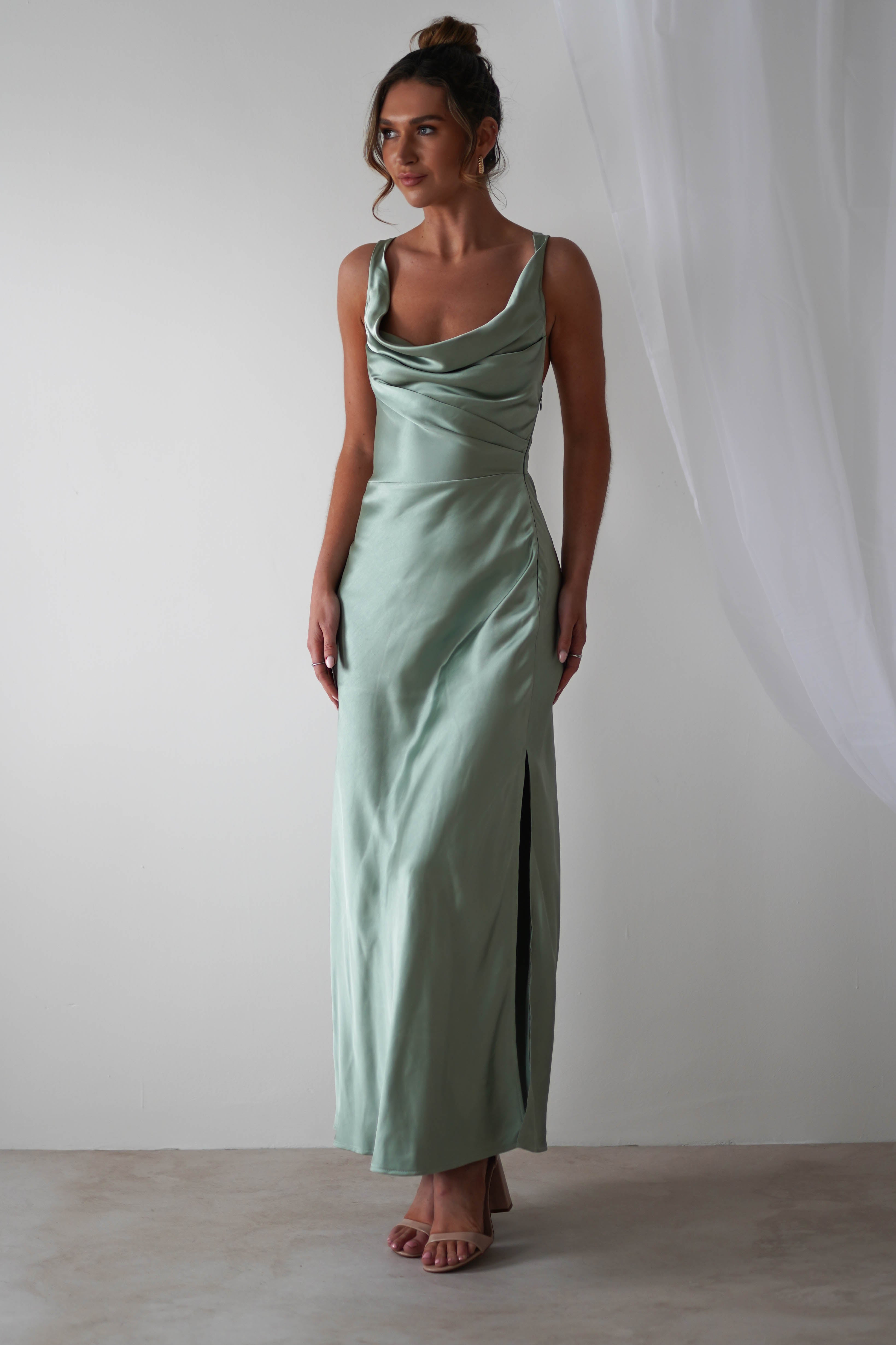 KAARLO On Sale Misha Soft Satin Maxi Dress | Sage Green