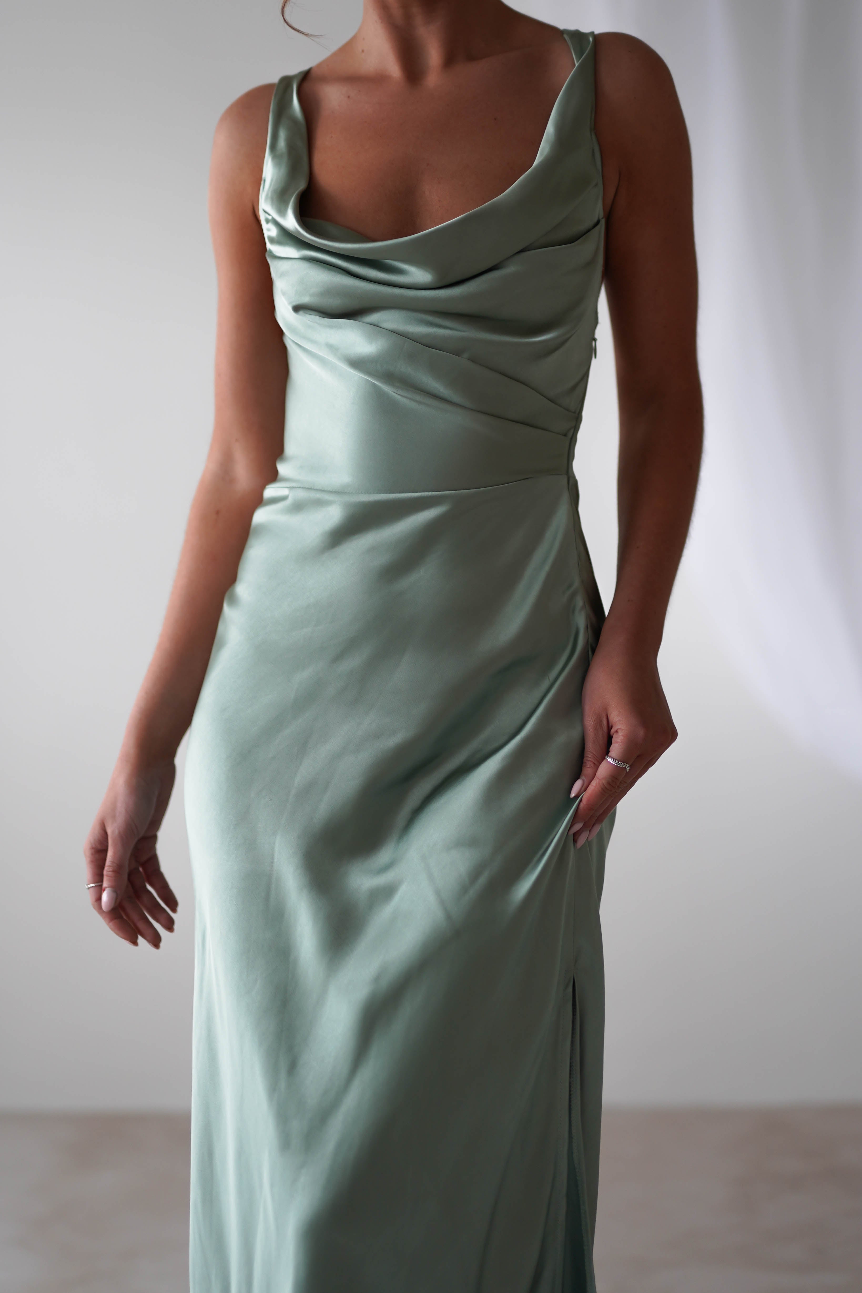 KAARLO On Sale Misha Soft Satin Maxi Dress | Sage Green