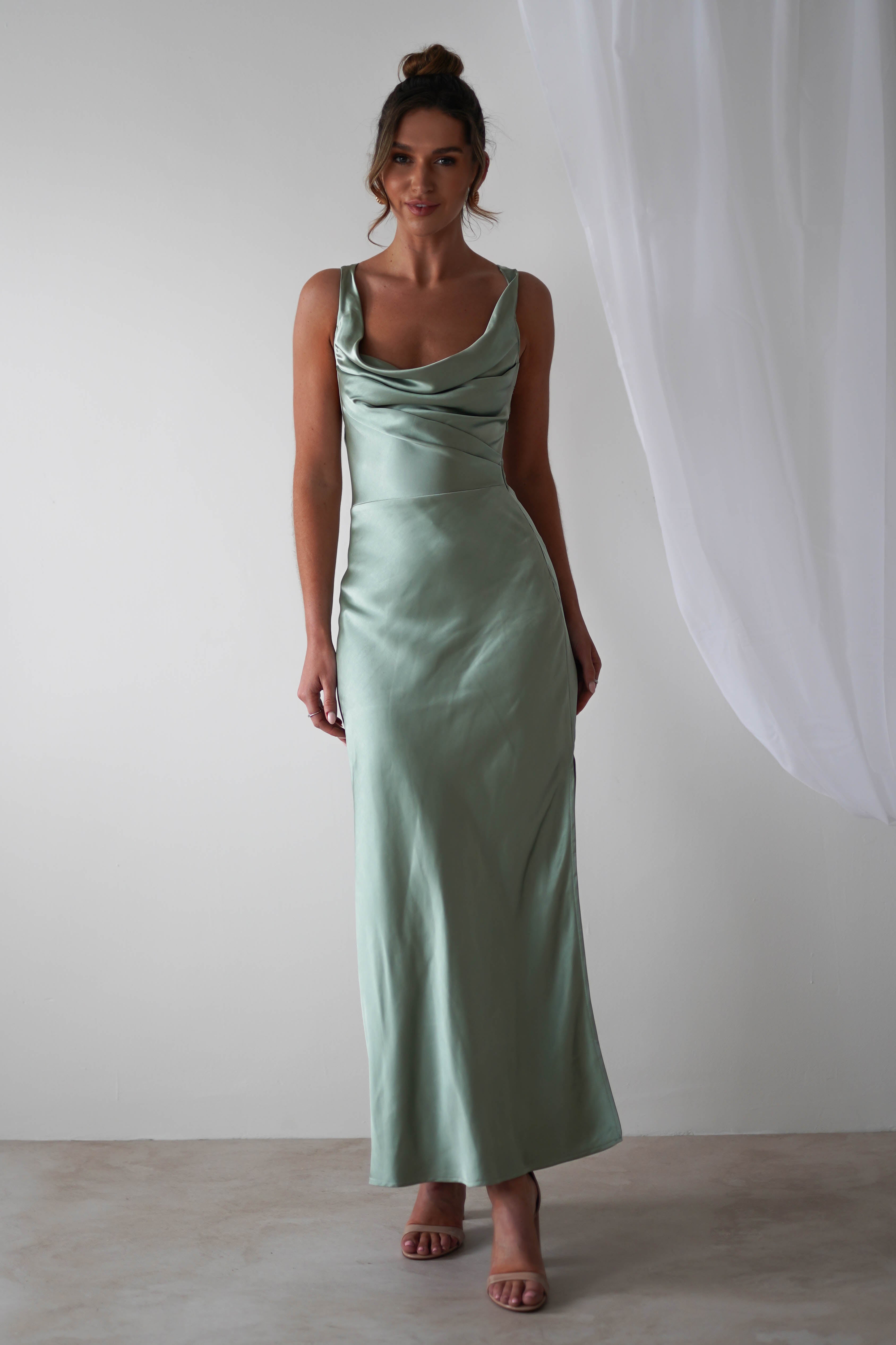 KAARLO On Sale Misha Soft Satin Maxi Dress | Sage Green