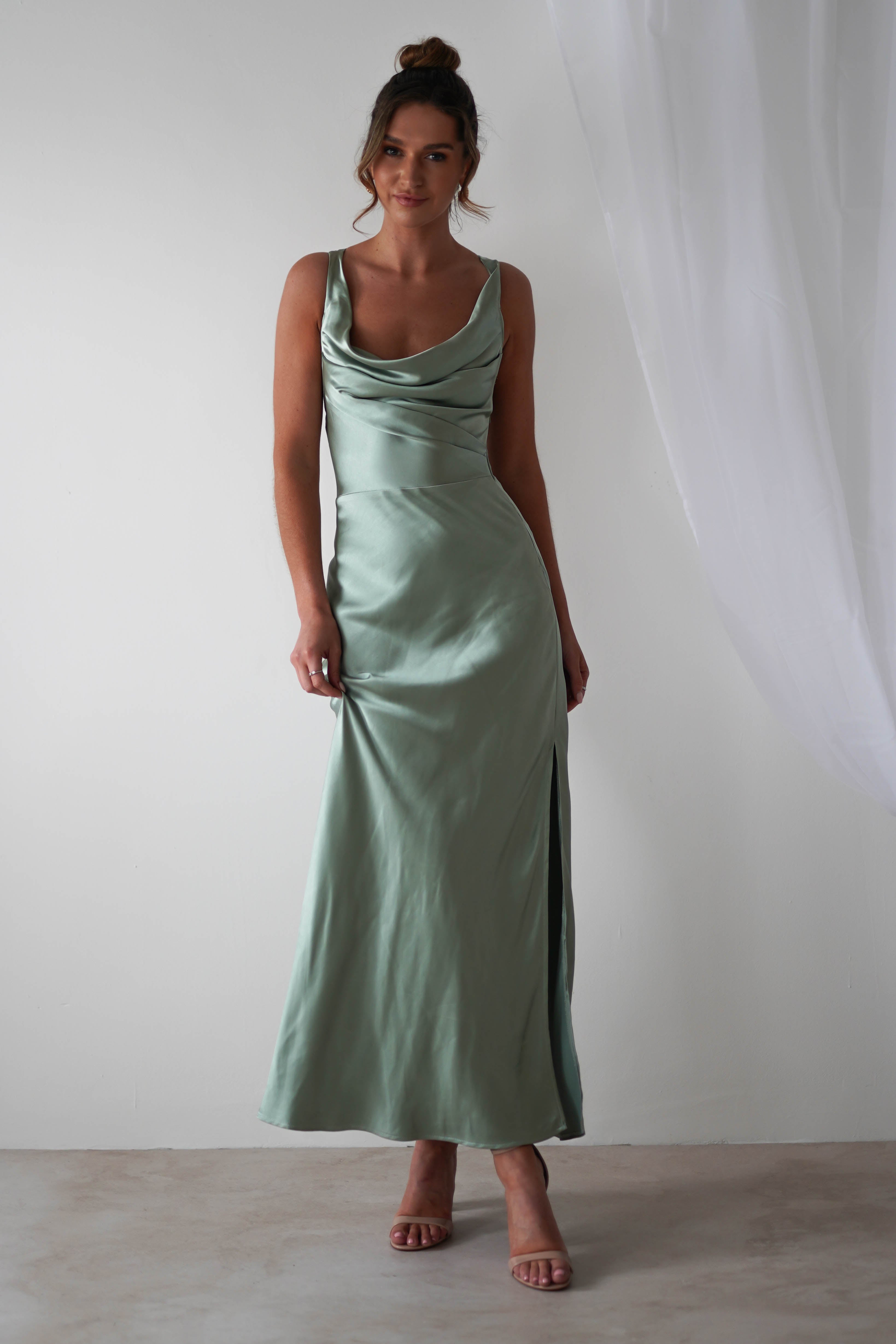 KAARLO On Sale Misha Soft Satin Maxi Dress | Sage Green