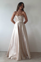 Miya Corset A-Line Satin Gown | Champagne - Oh Hello Clothing