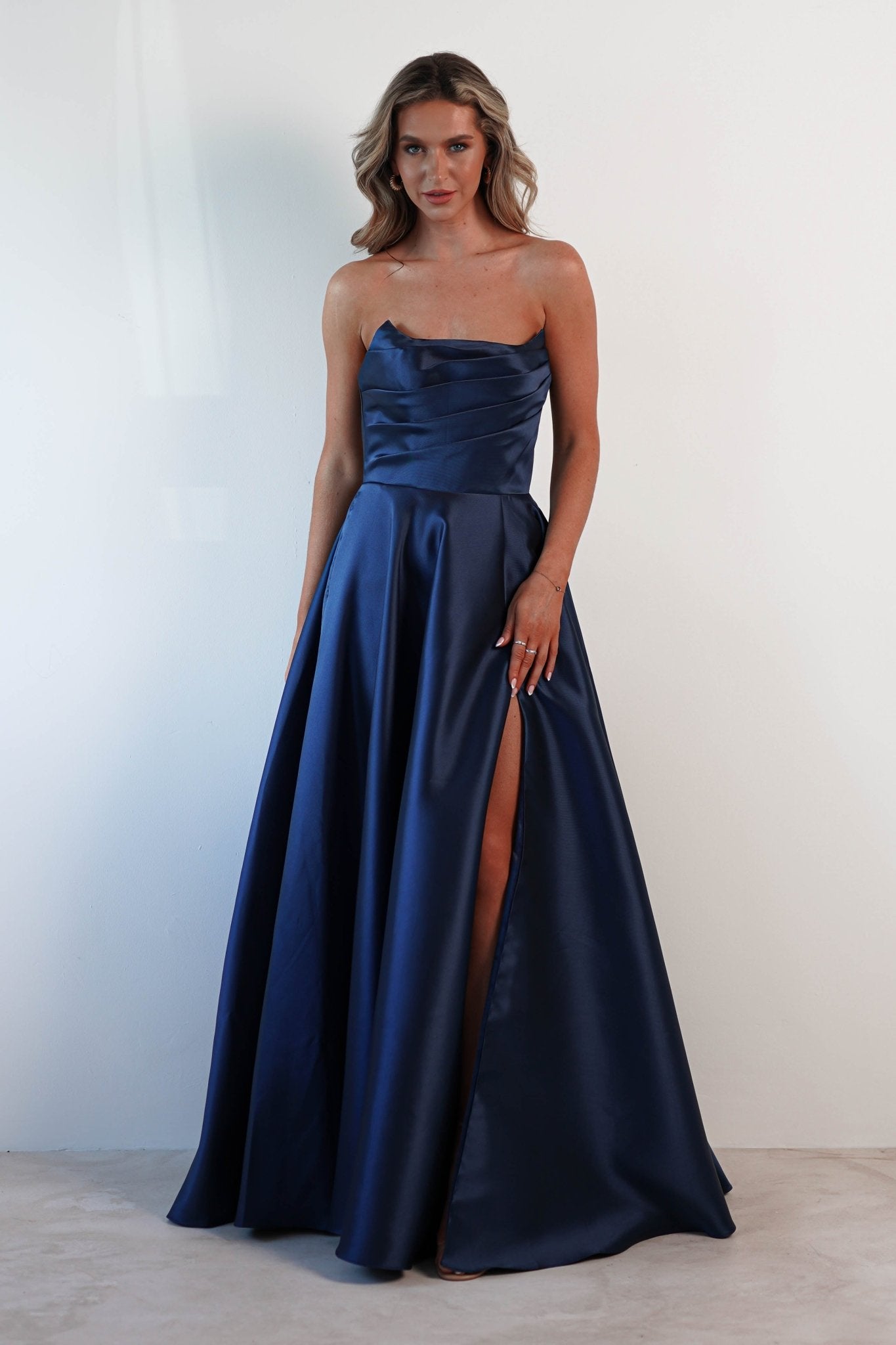 Miya Corset A - Line Satin Gown | Navy | Oh Hello Clothing | XS (6)