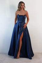 F&P Debs & Prom Dresses Miya Corset A-Line Satin Gown | Navy