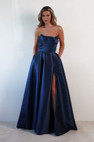 F&P Debs & Prom Dresses Miya Corset A-Line Satin Gown | Navy