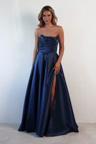 F&P Debs & Prom Dresses Miya Corset A-Line Satin Gown | Navy