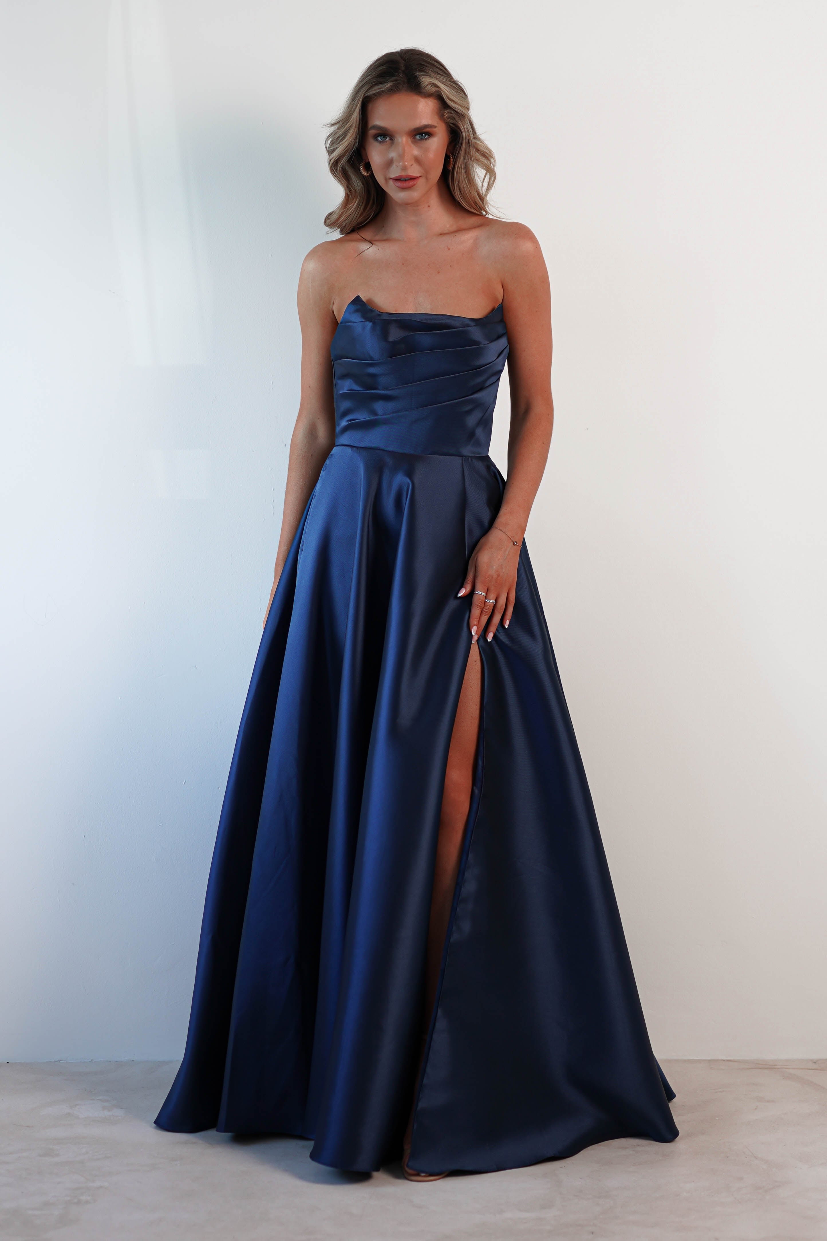 F&P Debs & Prom Dresses Miya Corset A-Line Satin Gown | Navy