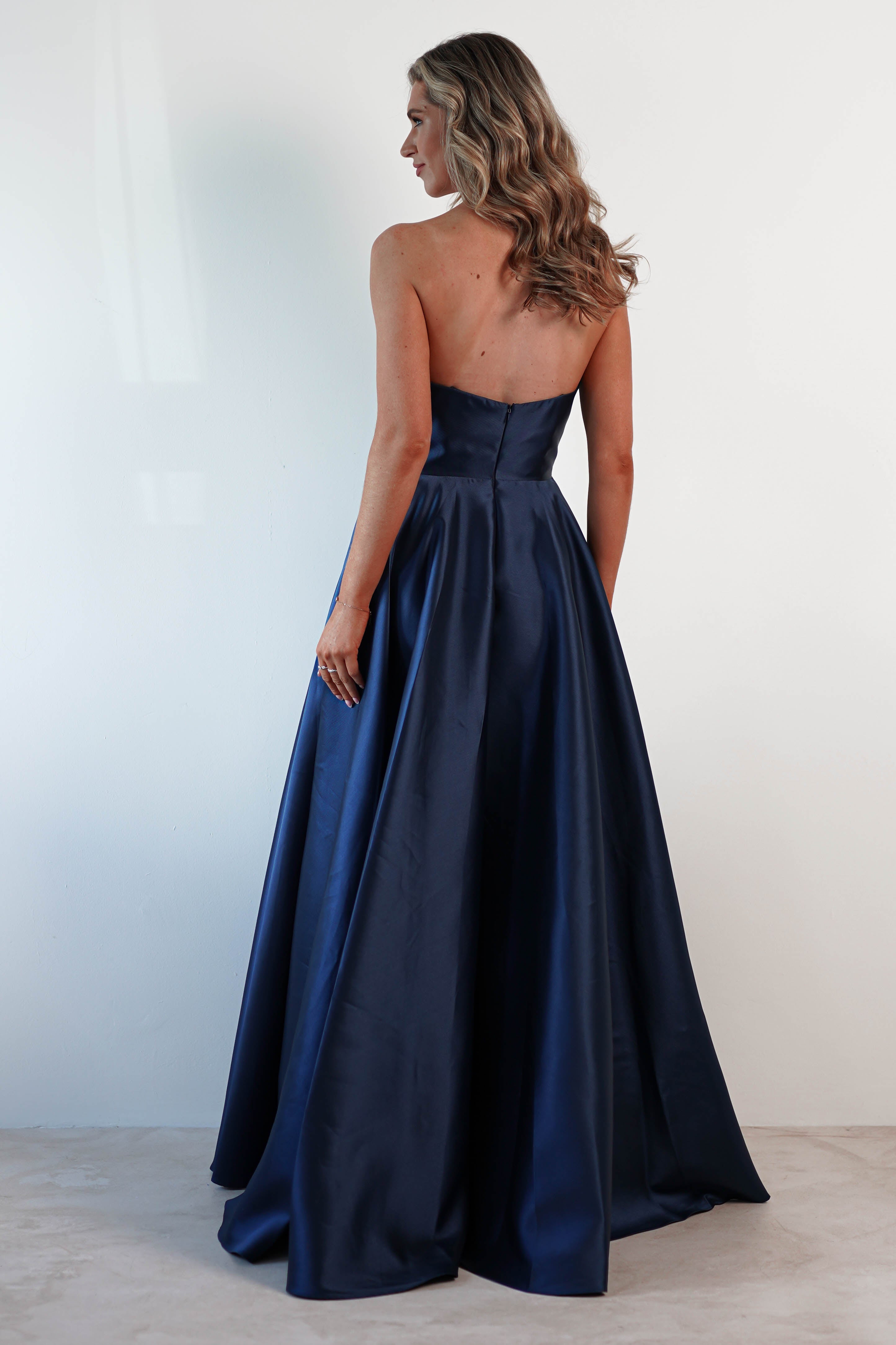 F&P Debs & Prom Dresses Miya Corset A-Line Satin Gown | Navy