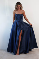 F&P Debs & Prom Dresses Miya Corset A-Line Satin Gown | Navy