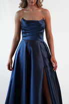 F&P Debs & Prom Dresses Miya Corset A-Line Satin Gown | Navy