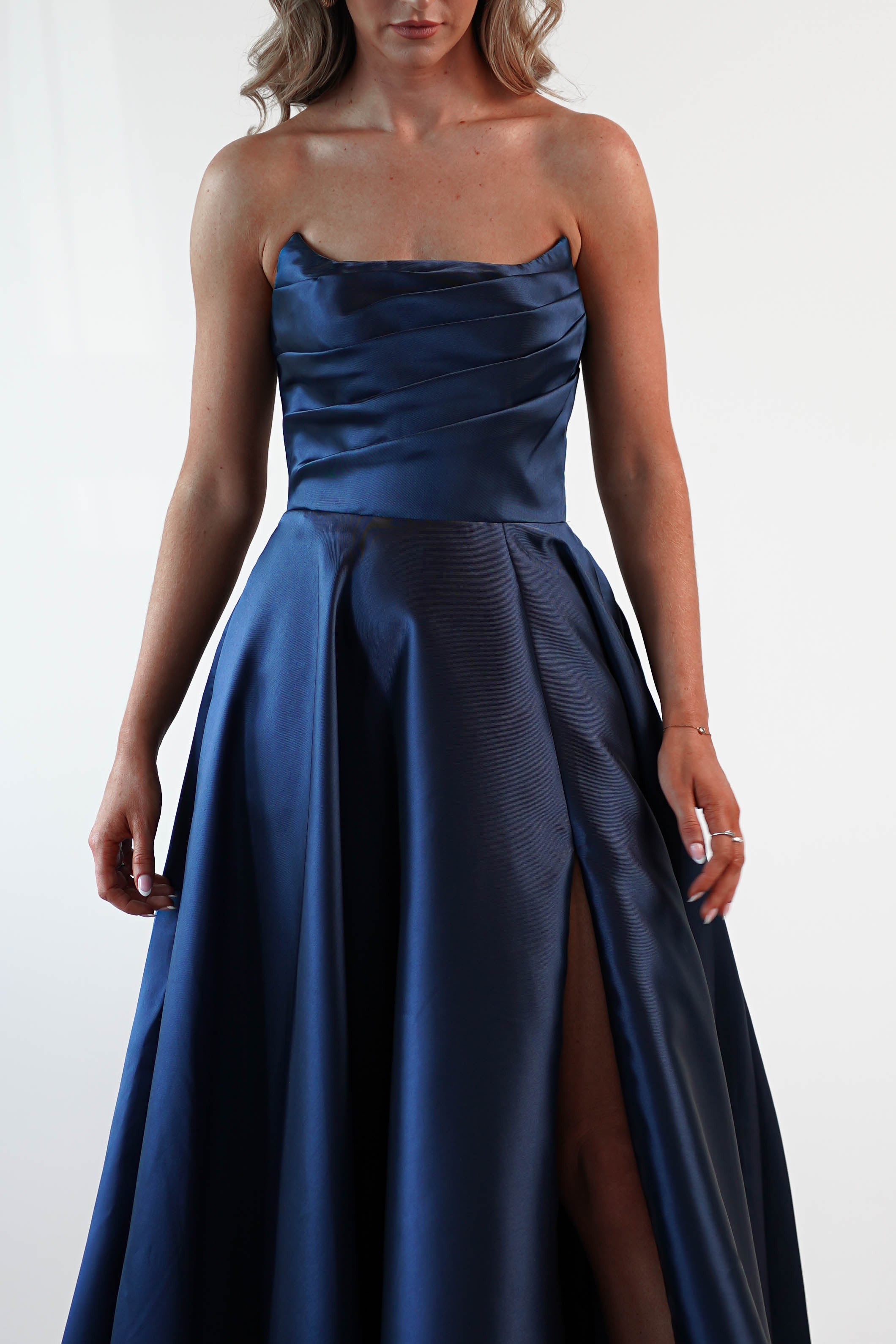 F&P Debs & Prom Dresses Miya Corset A-Line Satin Gown | Navy