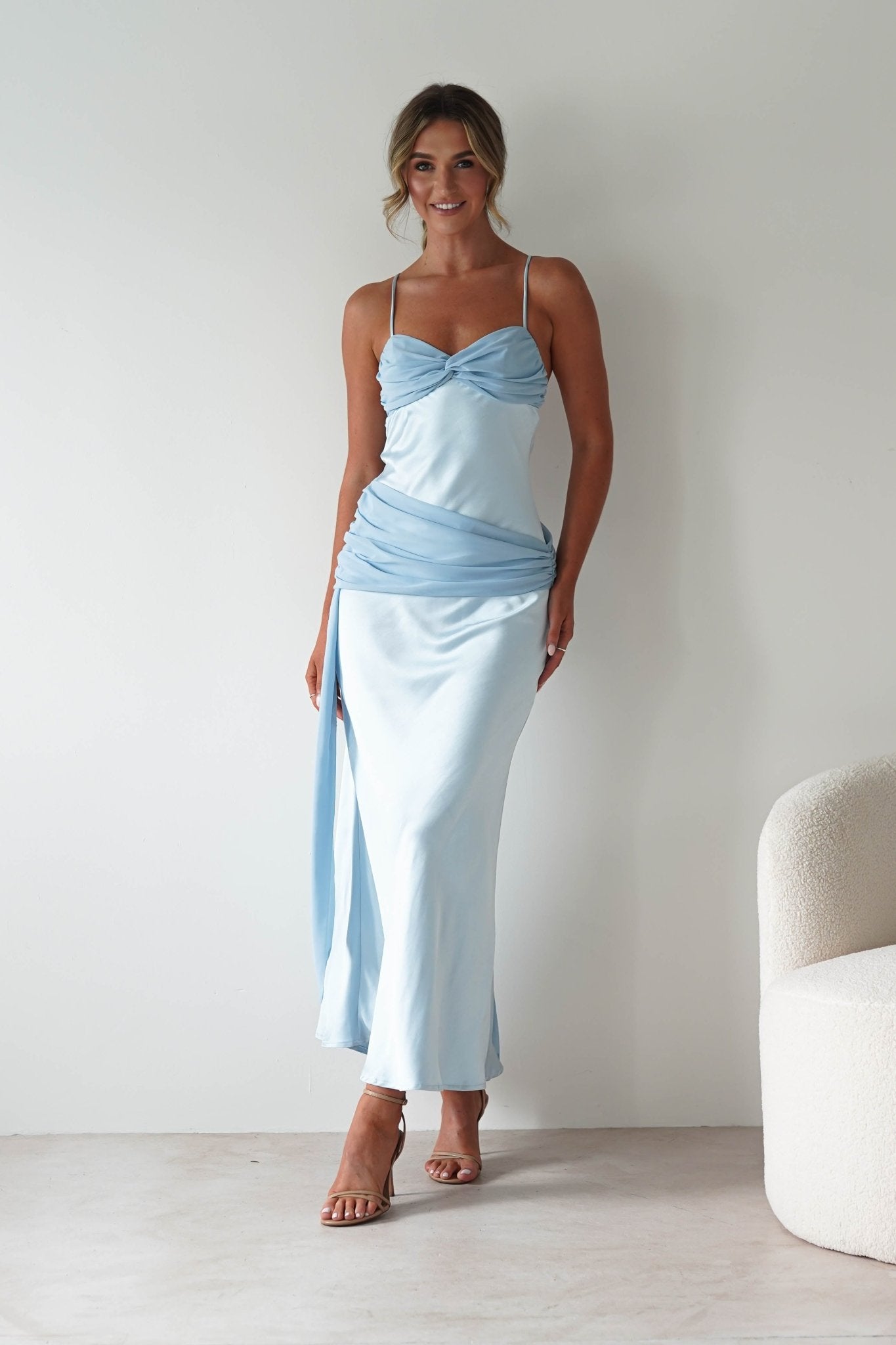 Natasha Satin Draped Maxi Dress | Blue | Oh Hello Clothing | XS (6)