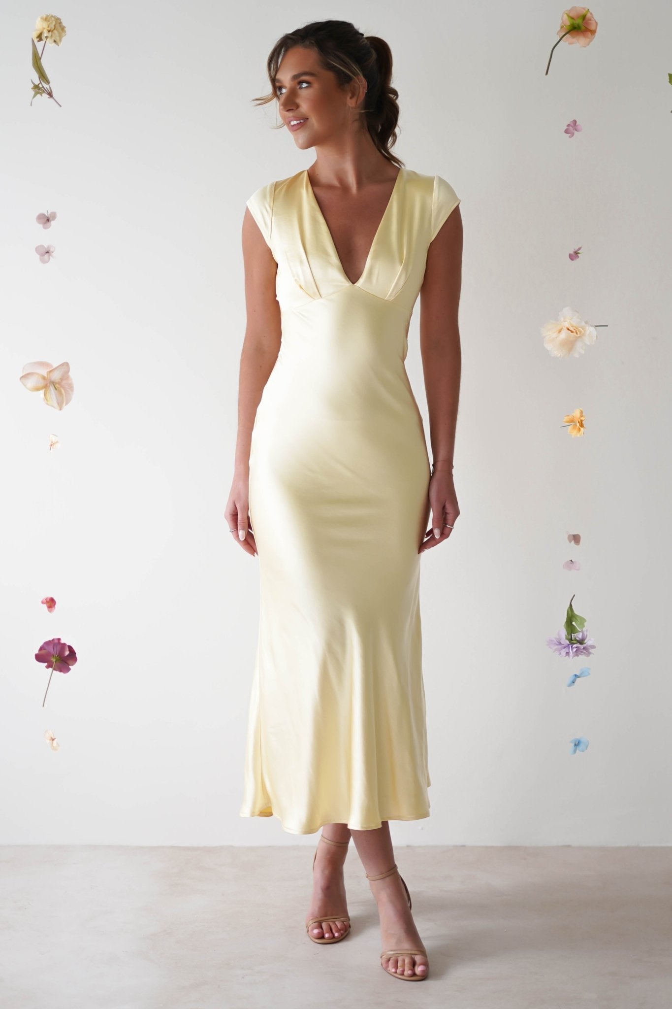 Nellie Soft Satin Midaxi Dress | Yellow | Oh Hello Clothing | XS (6)