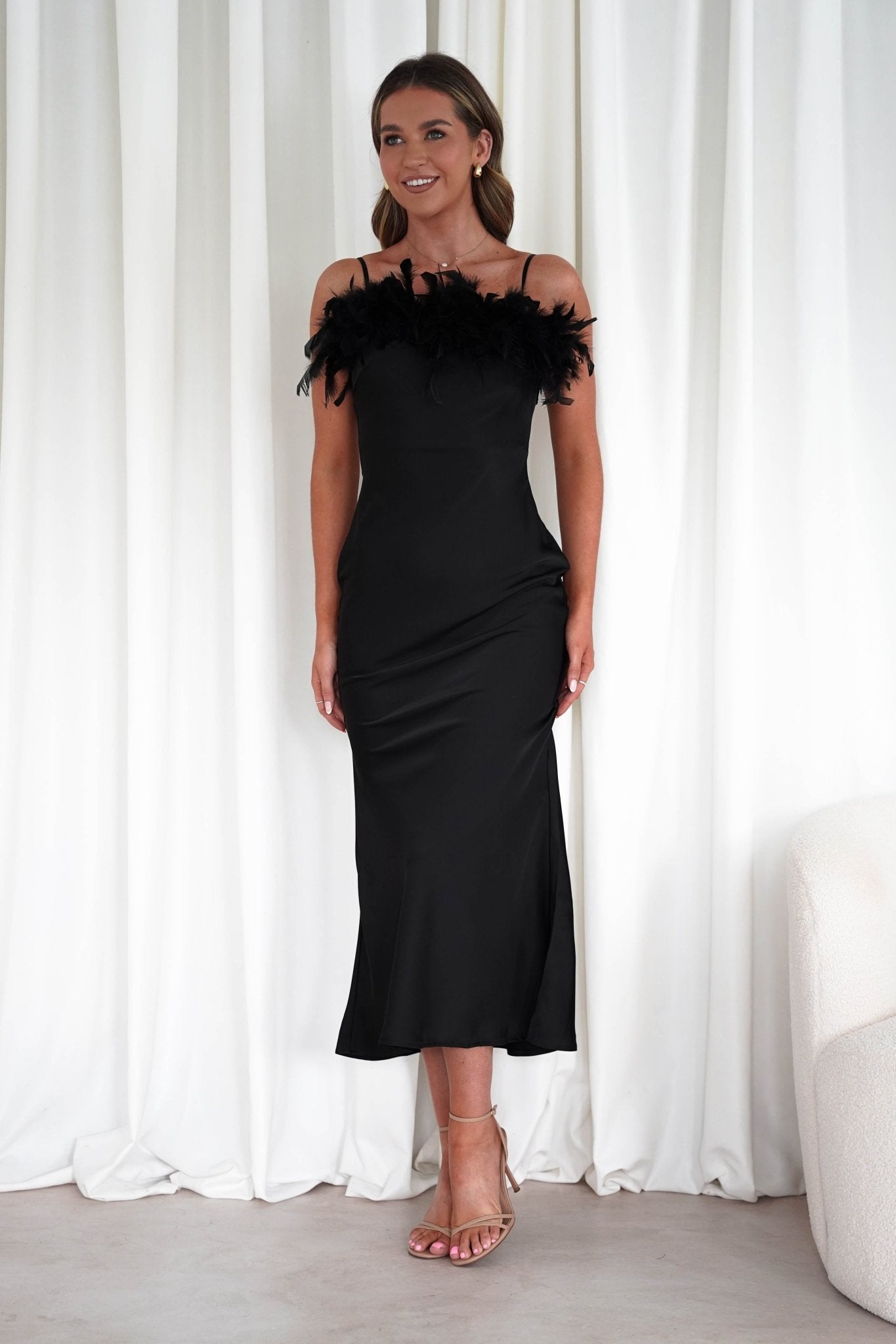 Neve Silky Satin Feather Slip Dress | Black | Oh Hello Clothing | S (8)