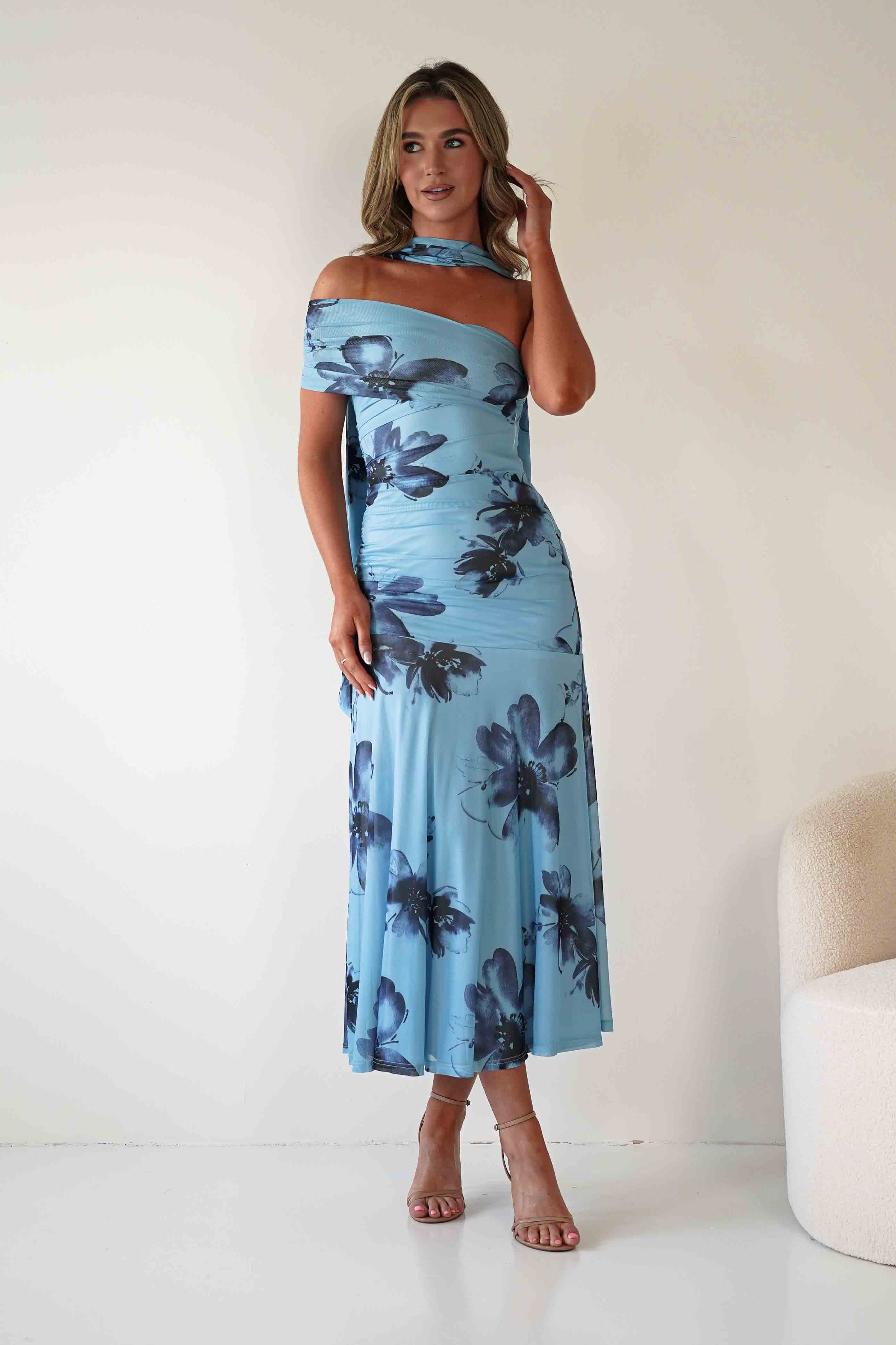 SASHA Dresses Noelani Floral Mesh Scarf Maxi Dress | Blue
