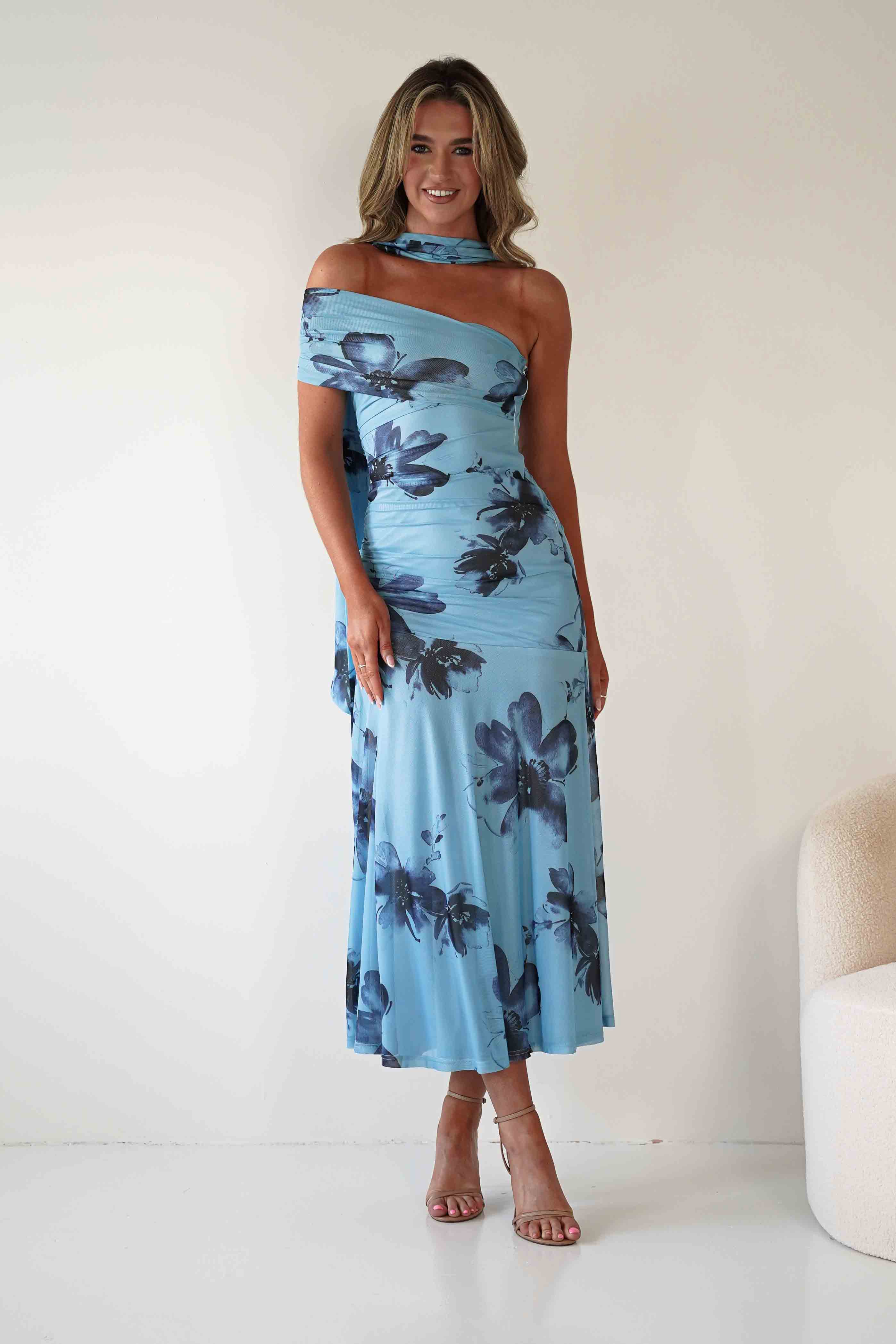 SASHA Dresses Noelani Floral Mesh Scarf Maxi Dress | Blue