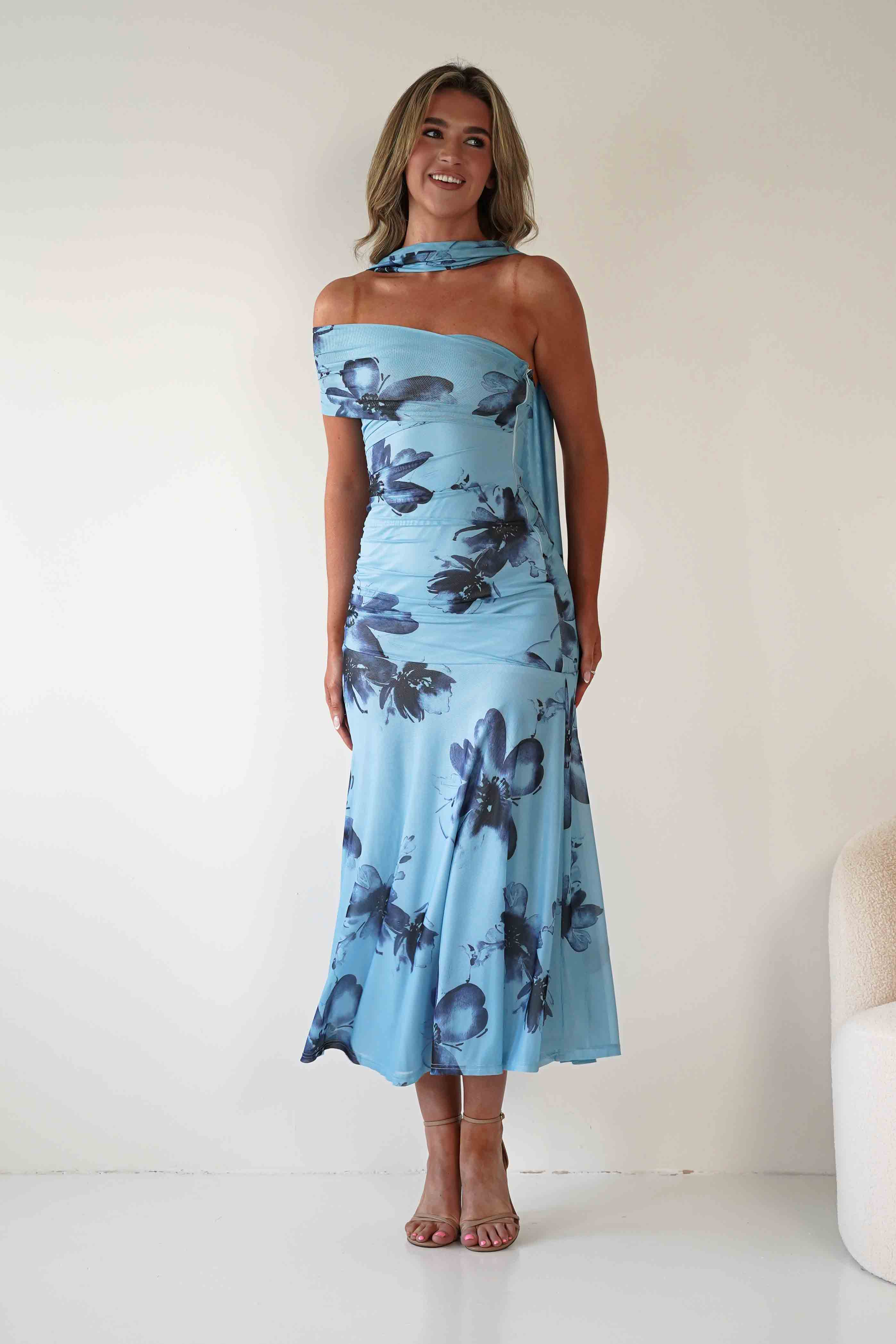 SASHA Dresses Noelani Floral Mesh Scarf Maxi Dress | Blue
