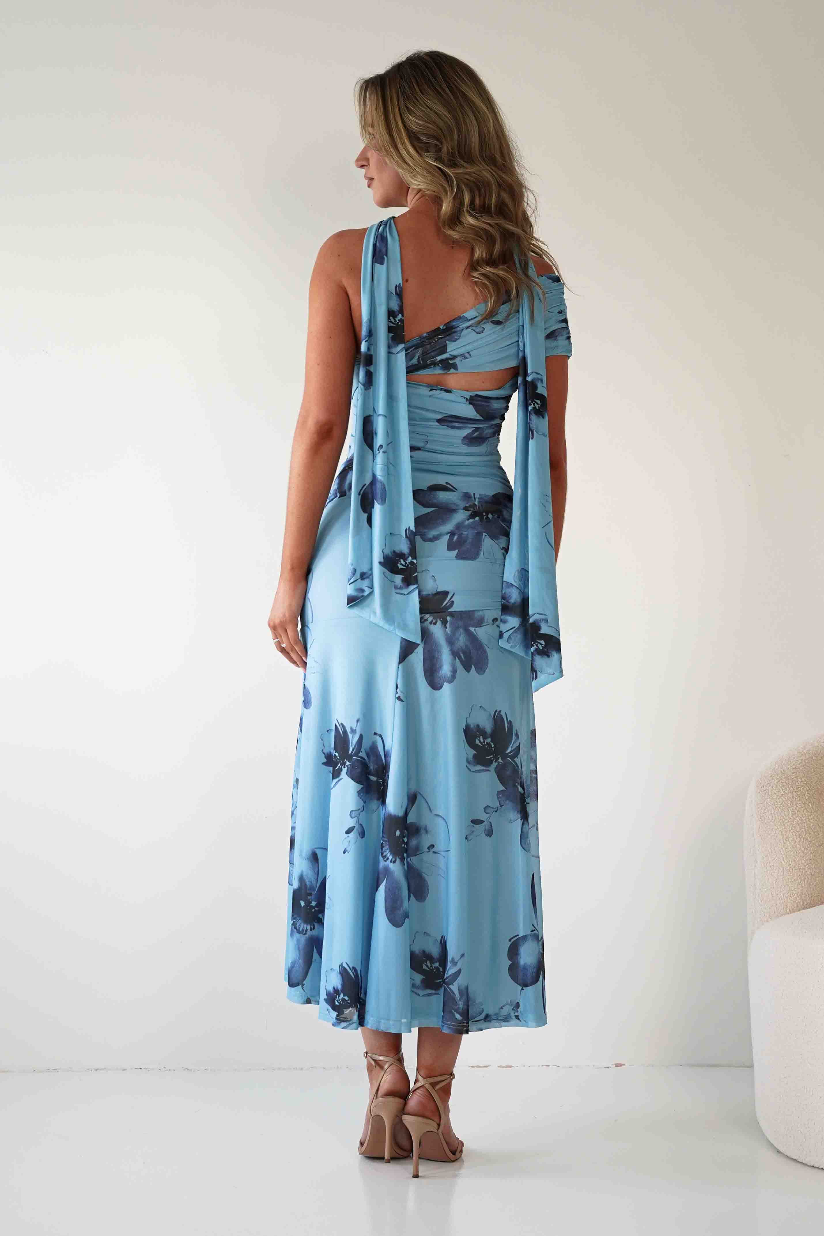 SASHA Dresses Noelani Floral Mesh Scarf Maxi Dress | Blue