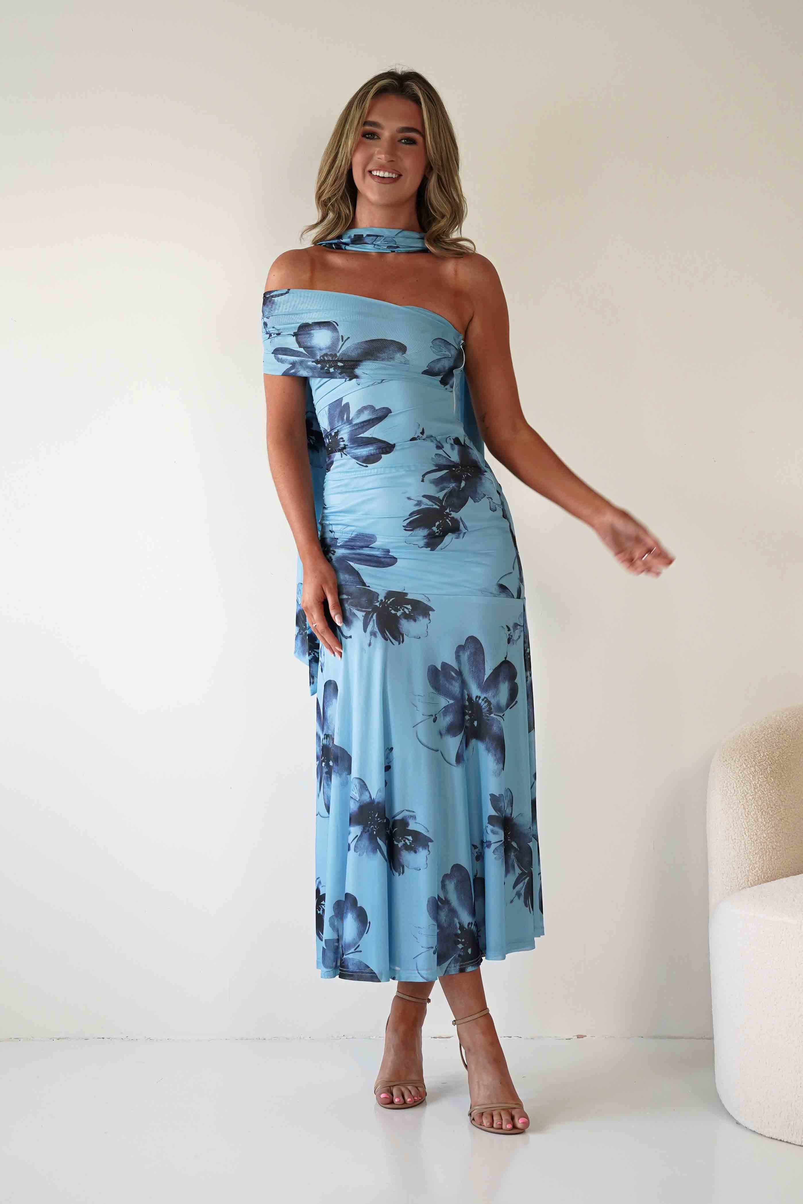 SASHA Dresses Noelani Floral Mesh Scarf Maxi Dress | Blue
