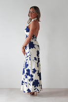 KAARLO Dresses Pagoda Floral Satin Maxi Dress | Cream/Navy