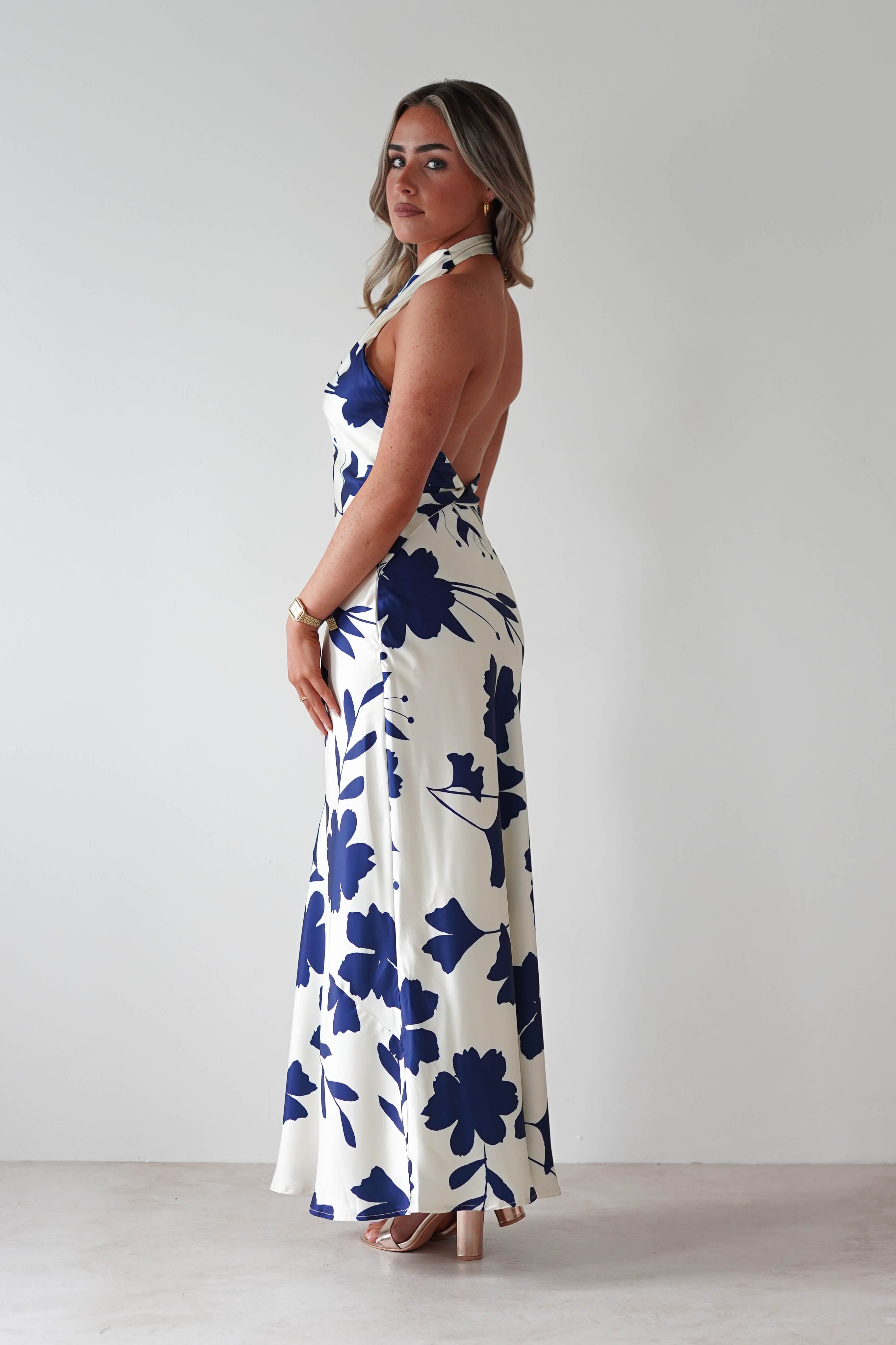 KAARLO Dresses Pagoda Floral Satin Maxi Dress | Cream/Navy