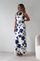 KAARLO Dresses Pagoda Floral Satin Maxi Dress | Cream/Navy