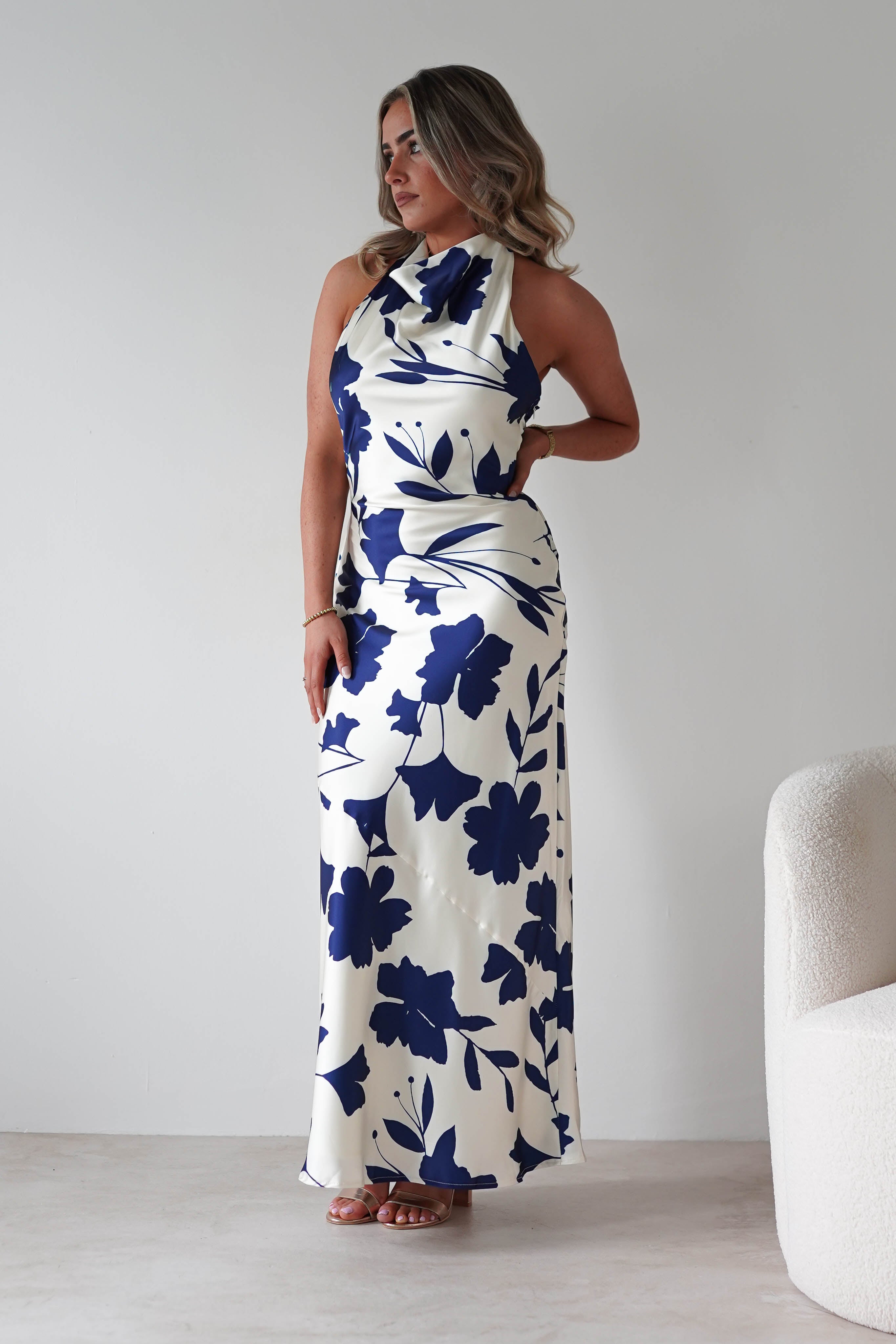 KAARLO Dresses Pagoda Floral Satin Maxi Dress | Cream/Navy