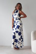 KAARLO Dresses Pagoda Floral Satin Maxi Dress | Cream/Navy