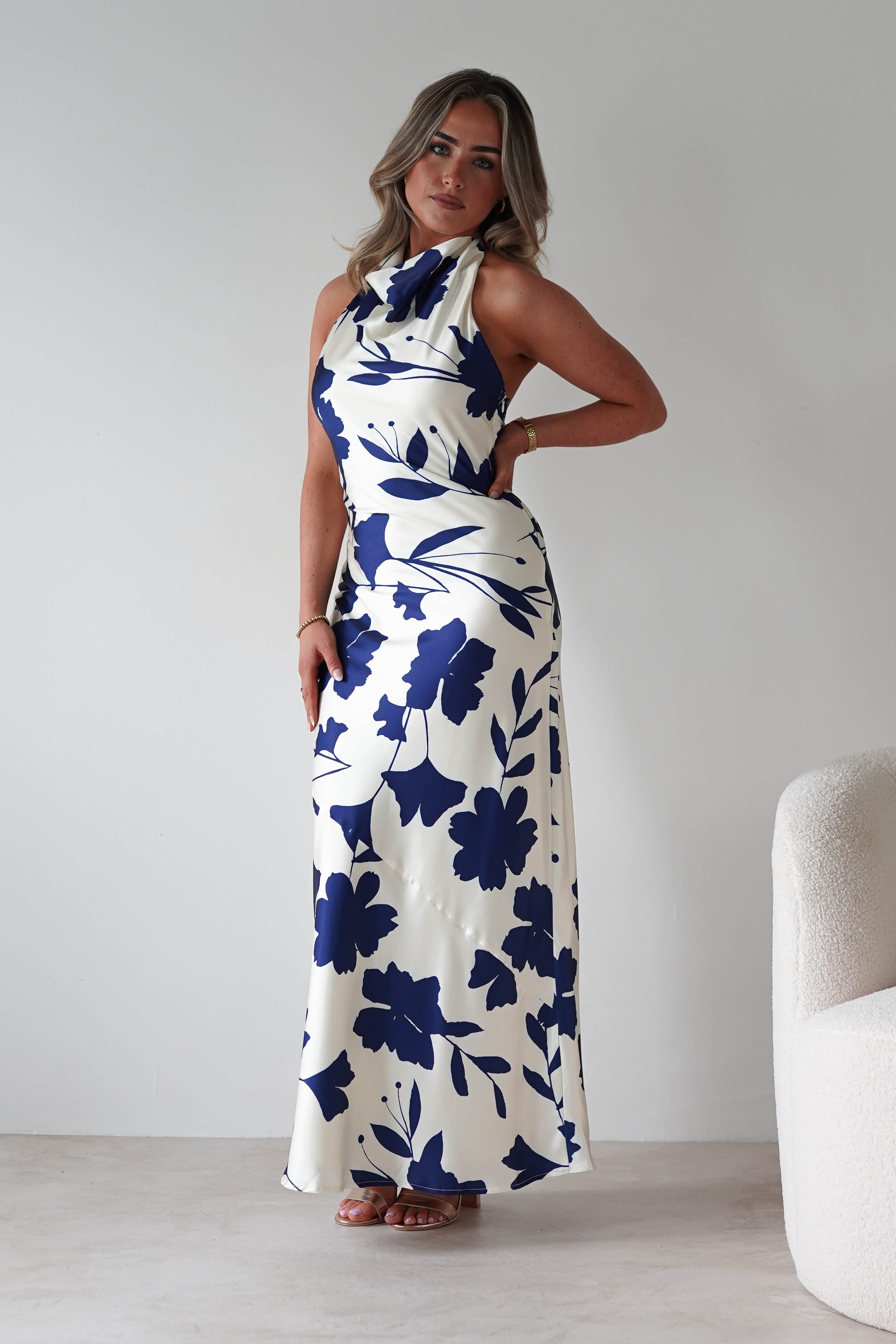 KAARLO Dresses Pagoda Floral Satin Maxi Dress | Cream/Navy
