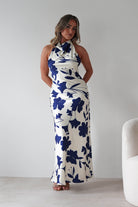 KAARLO Dresses Pagoda Floral Satin Maxi Dress | Cream/Navy