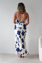 KAARLO Dresses Pagoda Floral Satin Maxi Dress | Cream/Navy