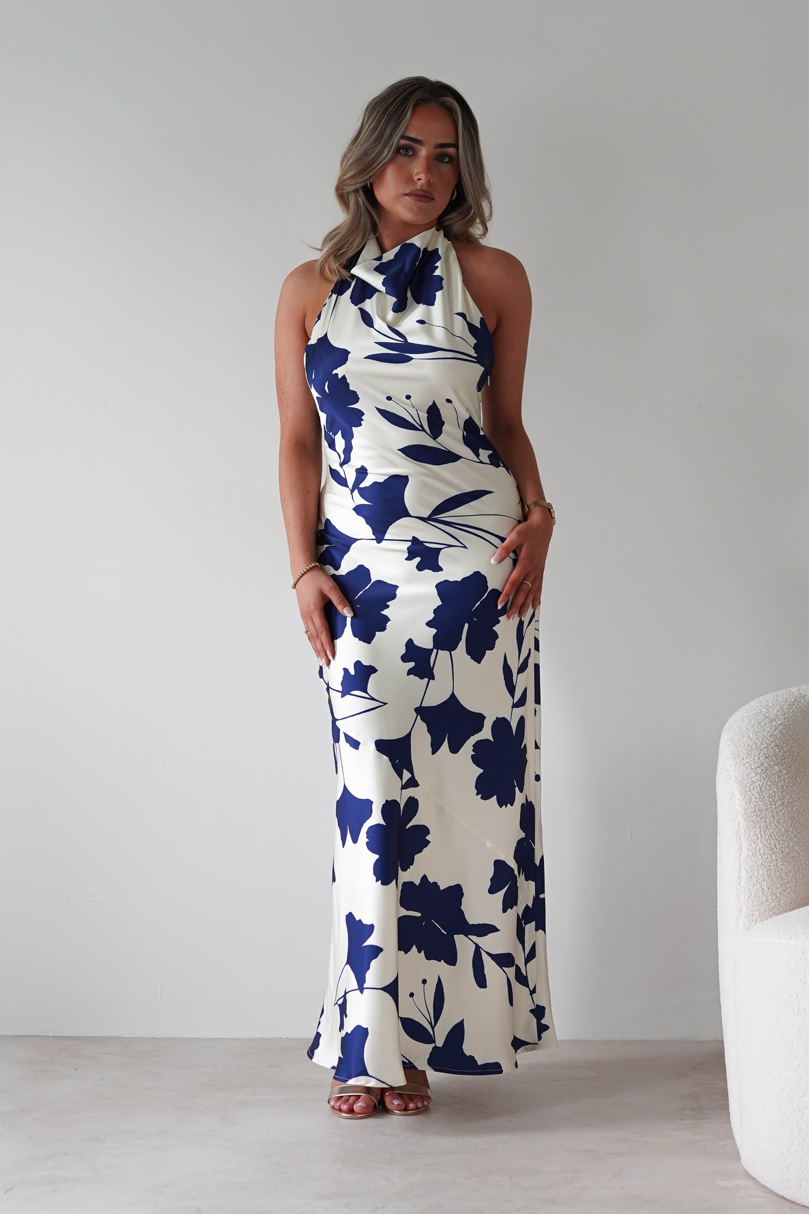 KAARLO Dresses Pagoda Floral Satin Maxi Dress | Cream/Navy
