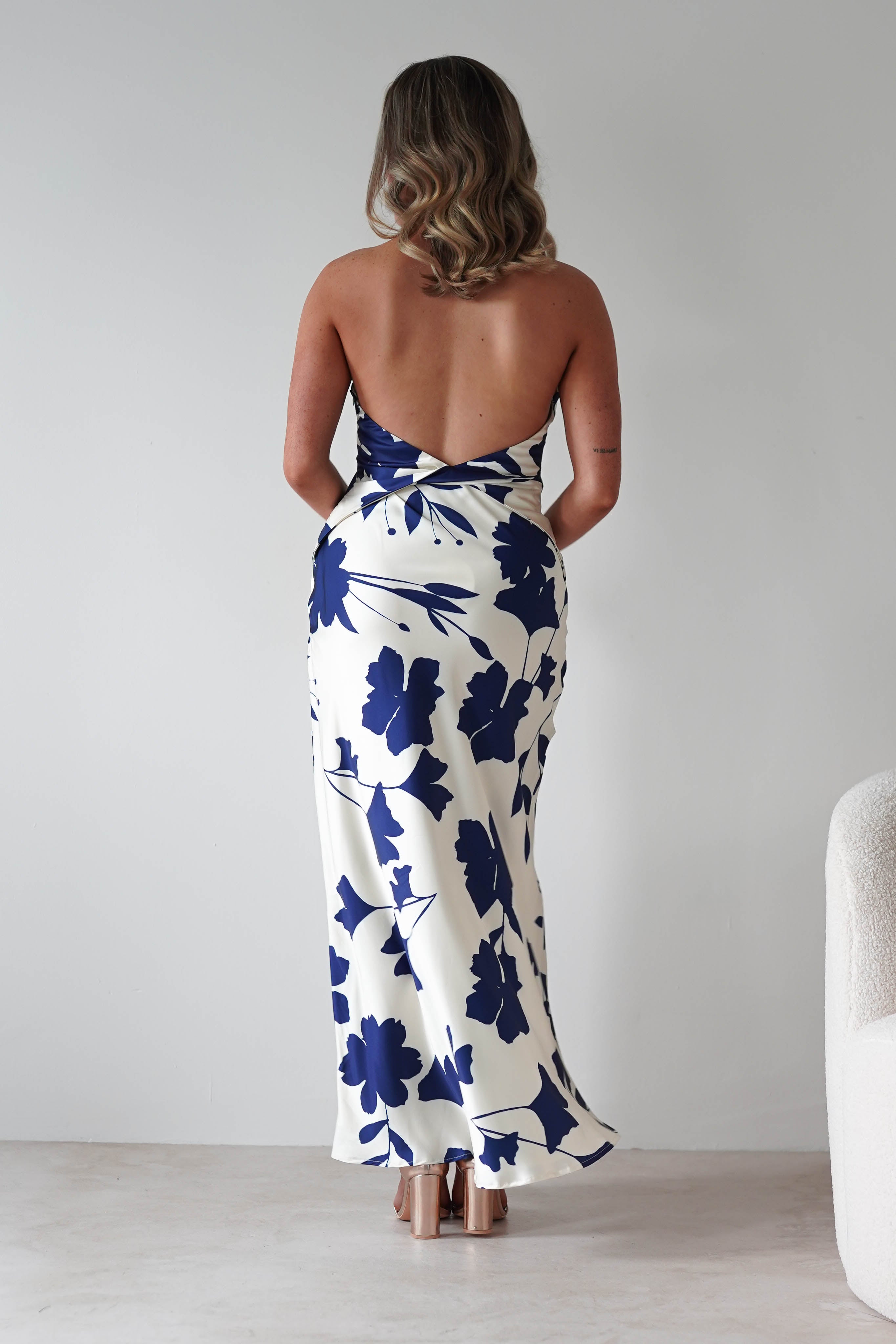 KAARLO Dresses Pagoda Floral Satin Maxi Dress | Cream/Navy