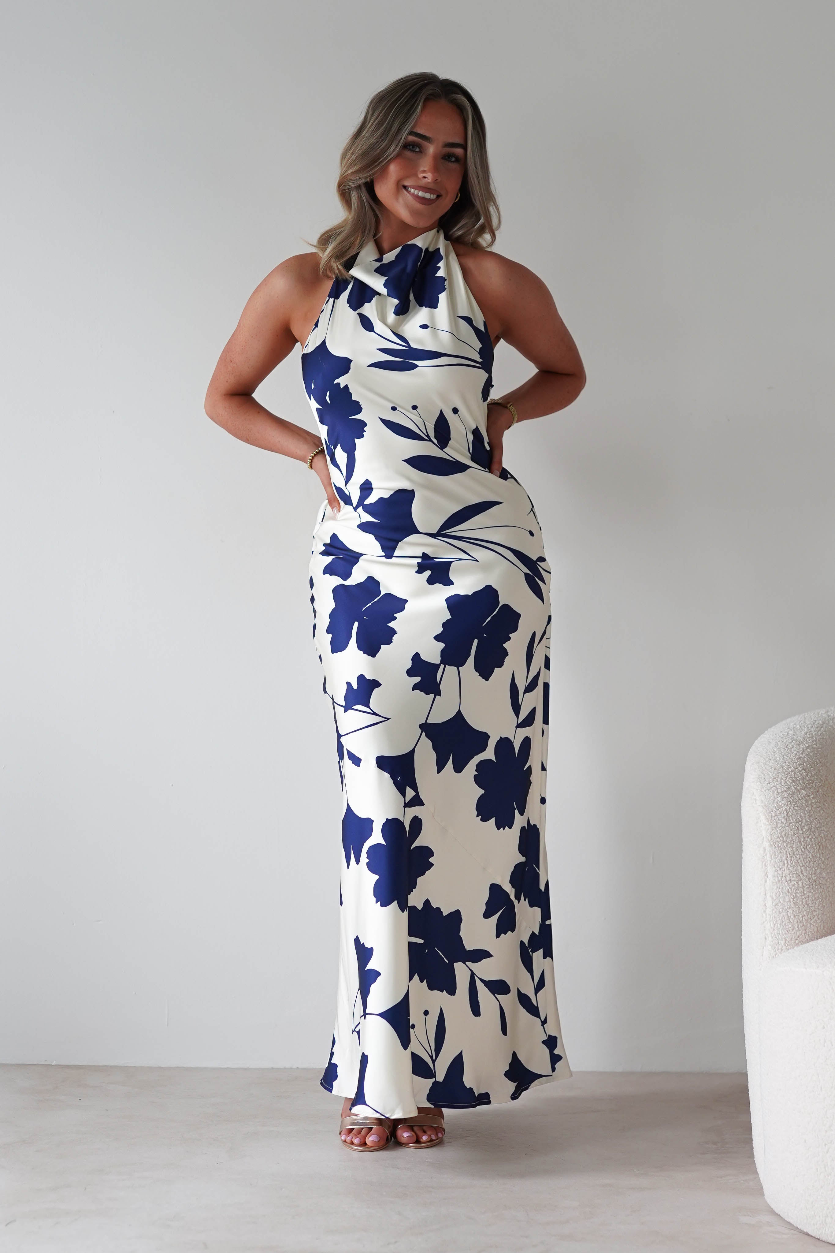KAARLO Dresses Pagoda Floral Satin Maxi Dress | Cream/Navy