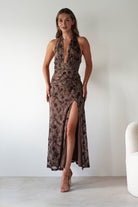 Paxton Halter Neck Floral Maxi Dress | Brown | Oh Hello Clothing | S (8)